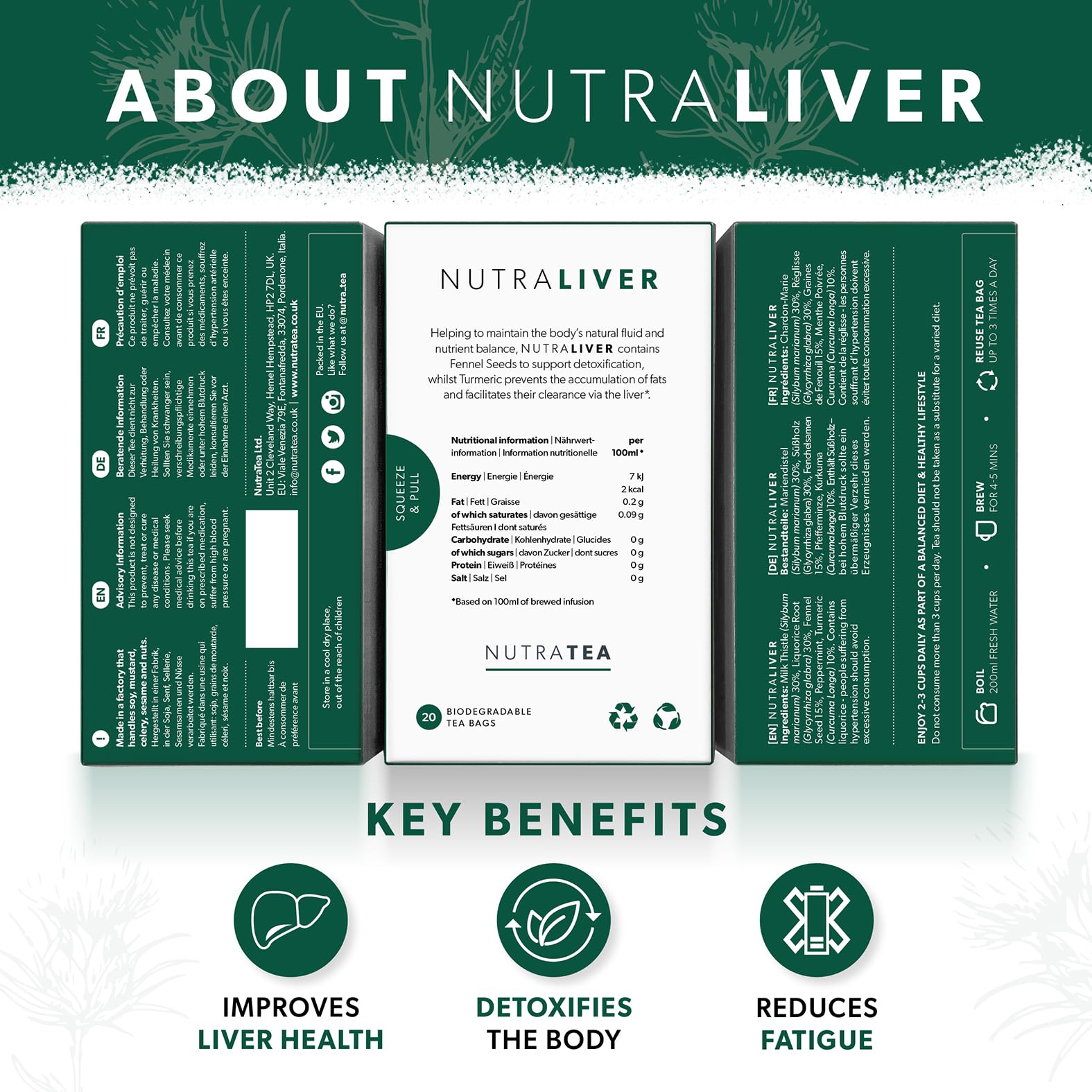 Nutra Tea Nutraliver – chardon-Marie et réglisse, ingrédients clés pour une infusion aromatique.