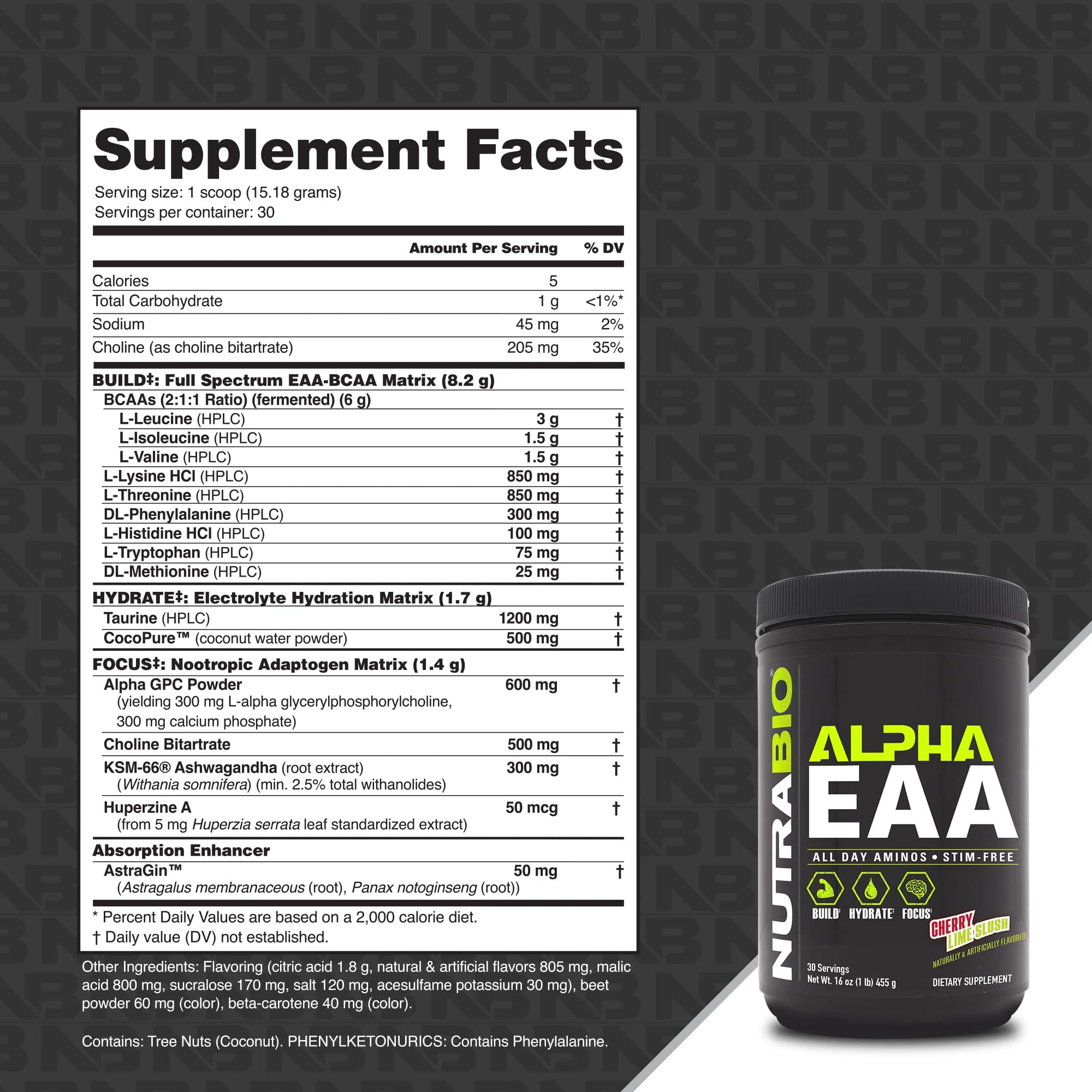 Mélange NutraBio Alpha EAA dans eau cerise-lime, hydratation et goût.