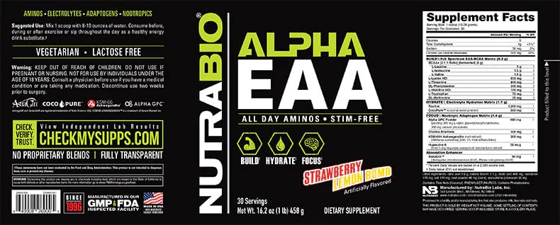 Shaker NutraBio Alpha EAA prêt à être mélangé rapidement.