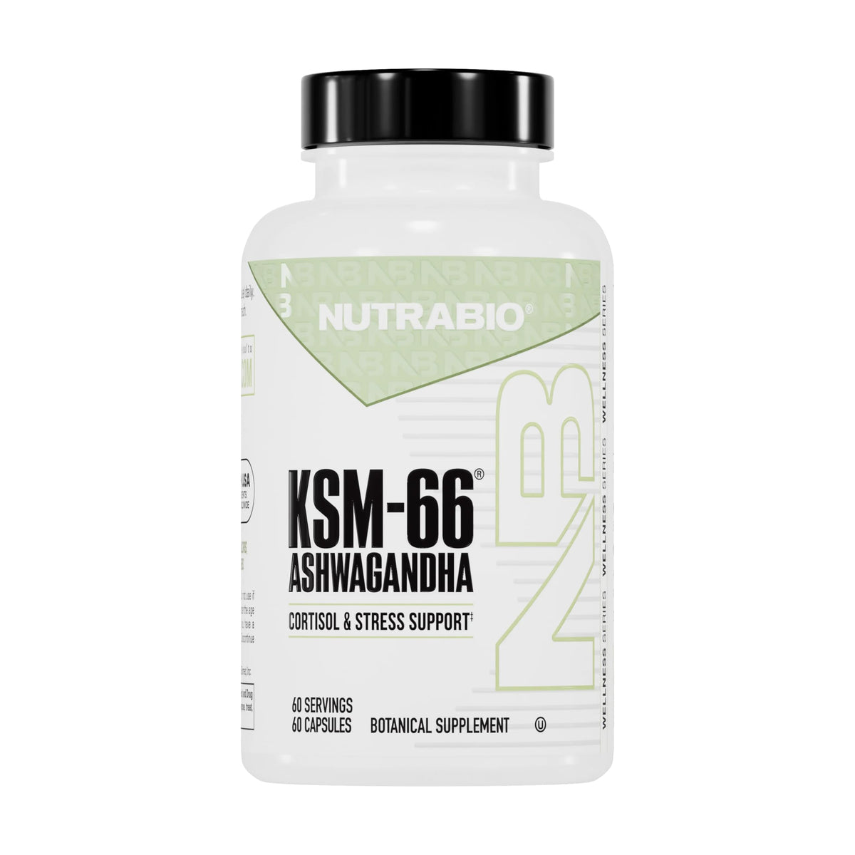 NutraBio Ashwagandha KSM-66 – bouteille montrant le flacon et le logo, soutien potentiel au bien-être.