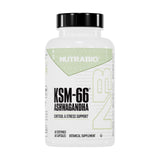 NutraBio Ashwagandha KSM-66 – bouteille montrant le flacon et le logo, soutien potentiel au bien-être.