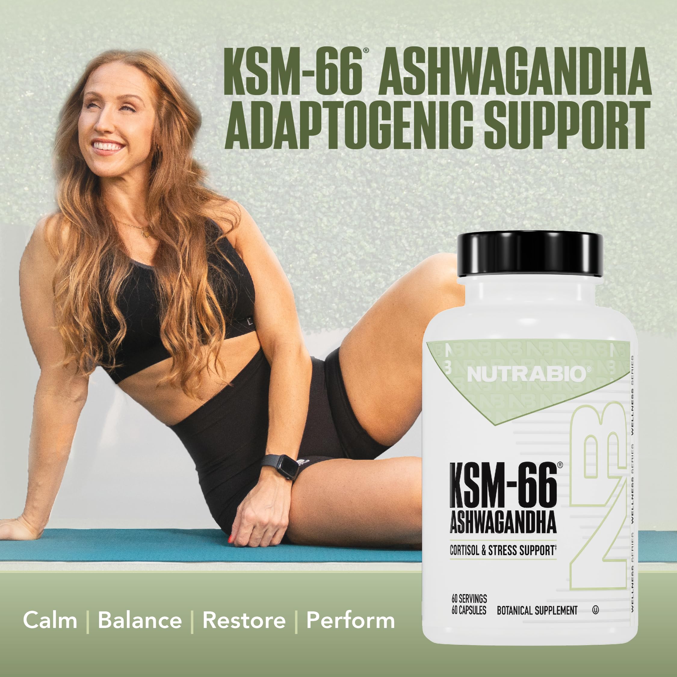 NutraBio Ashwagandha KSM-66 – capsules posées, présentation pratique pour usage quotidien.