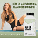 NutraBio Ashwagandha KSM-66 – capsules posées, présentation pratique pour usage quotidien.