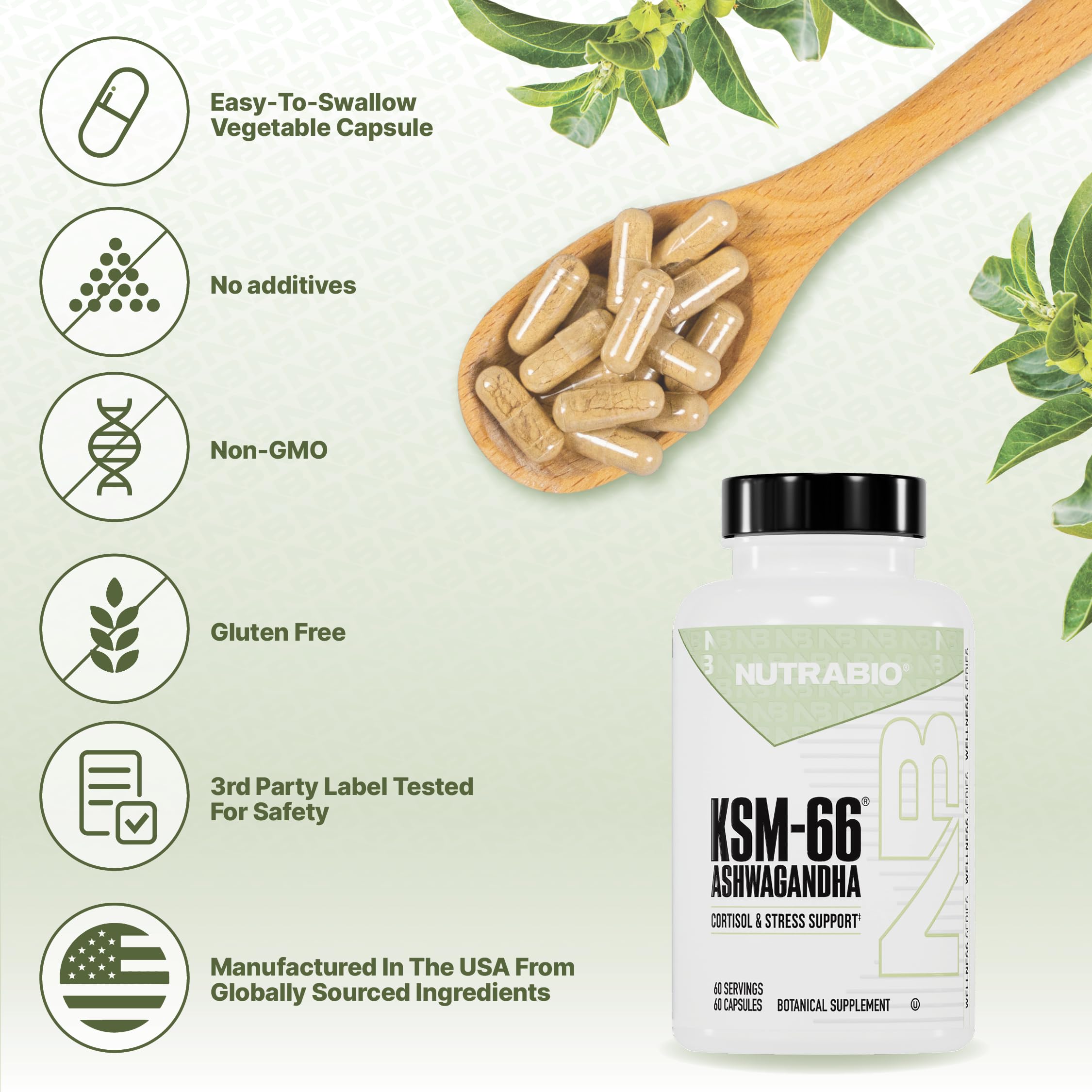NutraBio Ashwagandha KSM-66 – certifications et contrôle qualité visibles sur l’étiquette.
