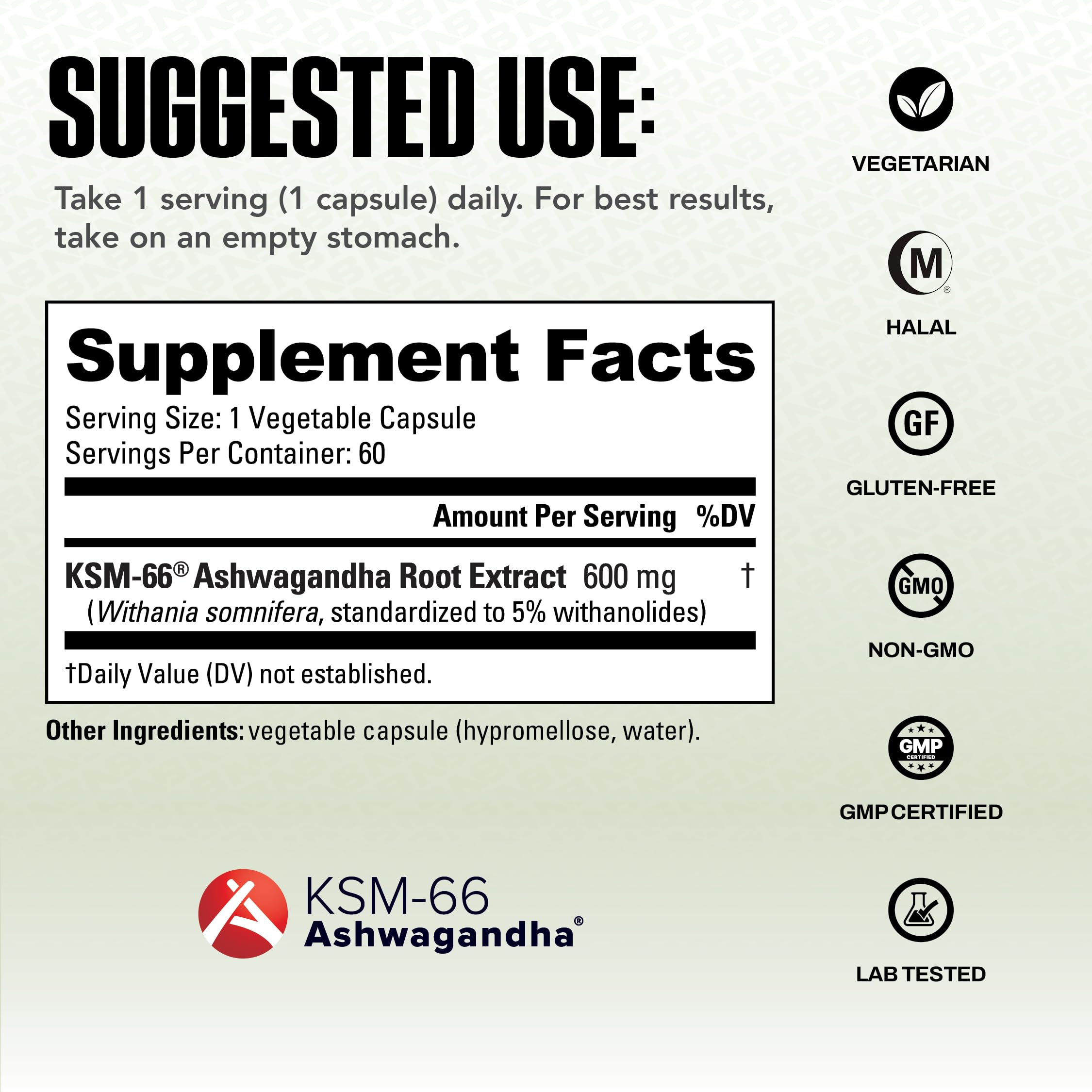 NutraBio Ashwagandha KSM-66 – etiquette biologique affichant traçabilité et qualité.