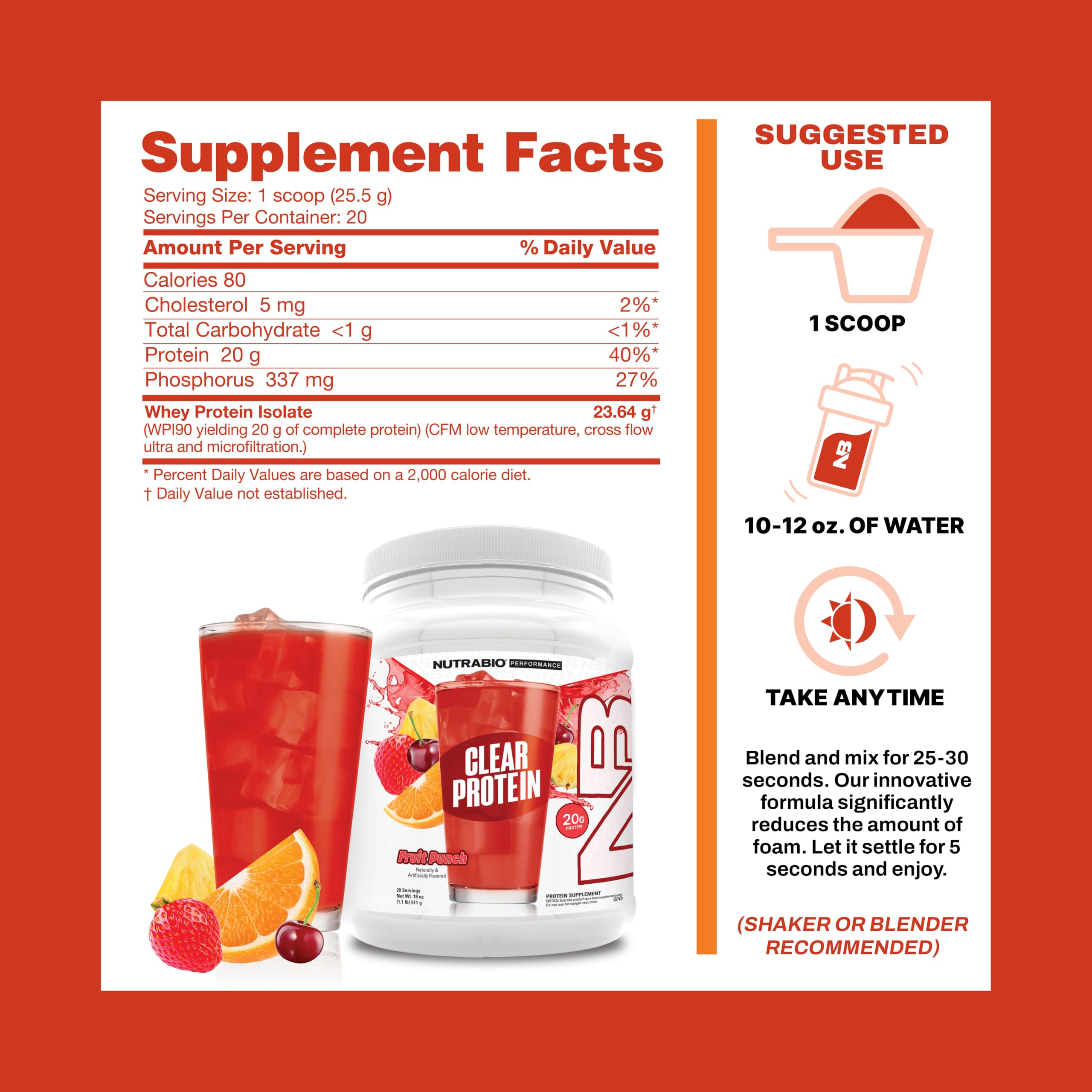 NutraBio Clear protéine whey Fruit Punch - arôme fruité naturel dans l'emballage