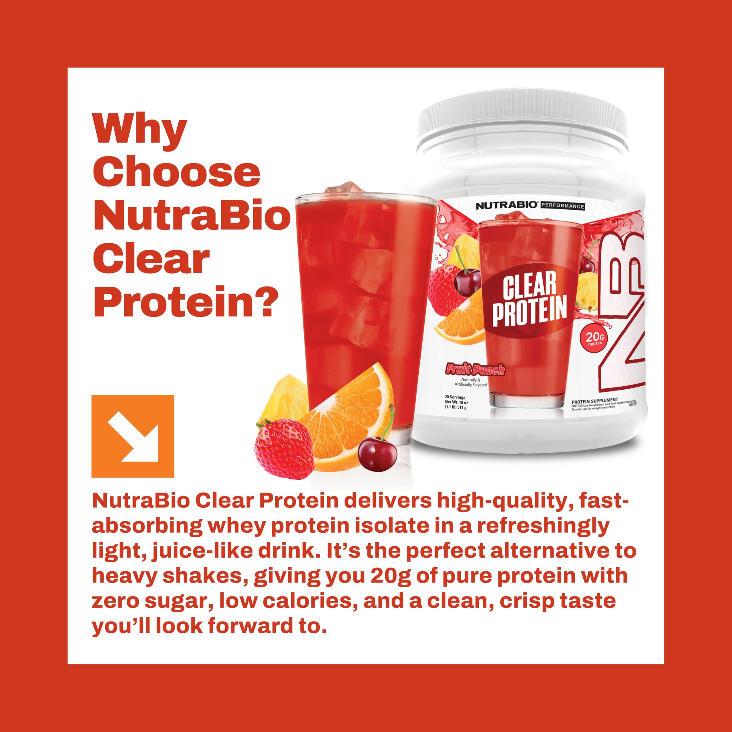 NutraBio Clear protéine whey Fruit Punch - boîte et scoop inclus