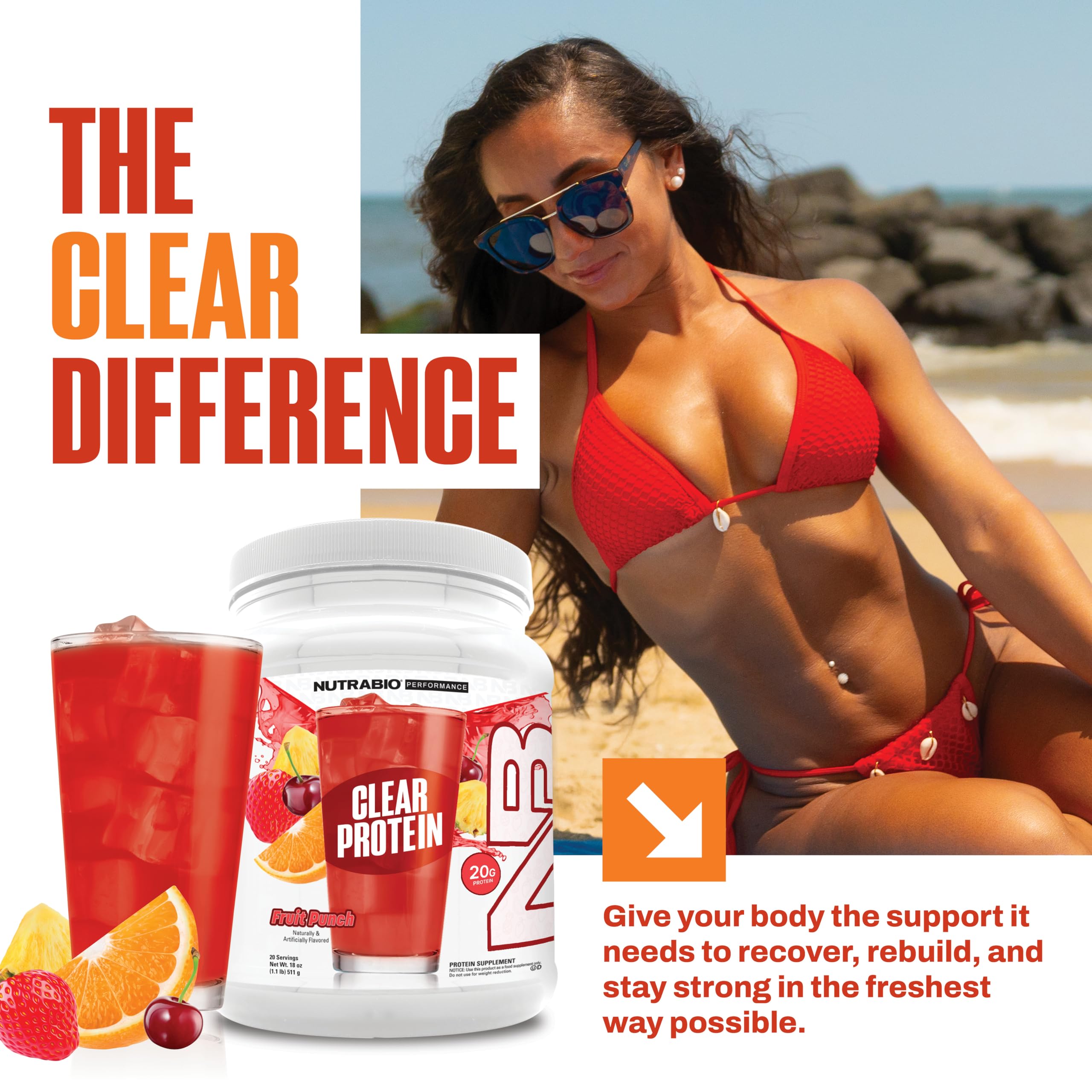 NutraBio Clear protéine whey Fruit Punch - étiquette indiquant zéro sucre et zéro lactose