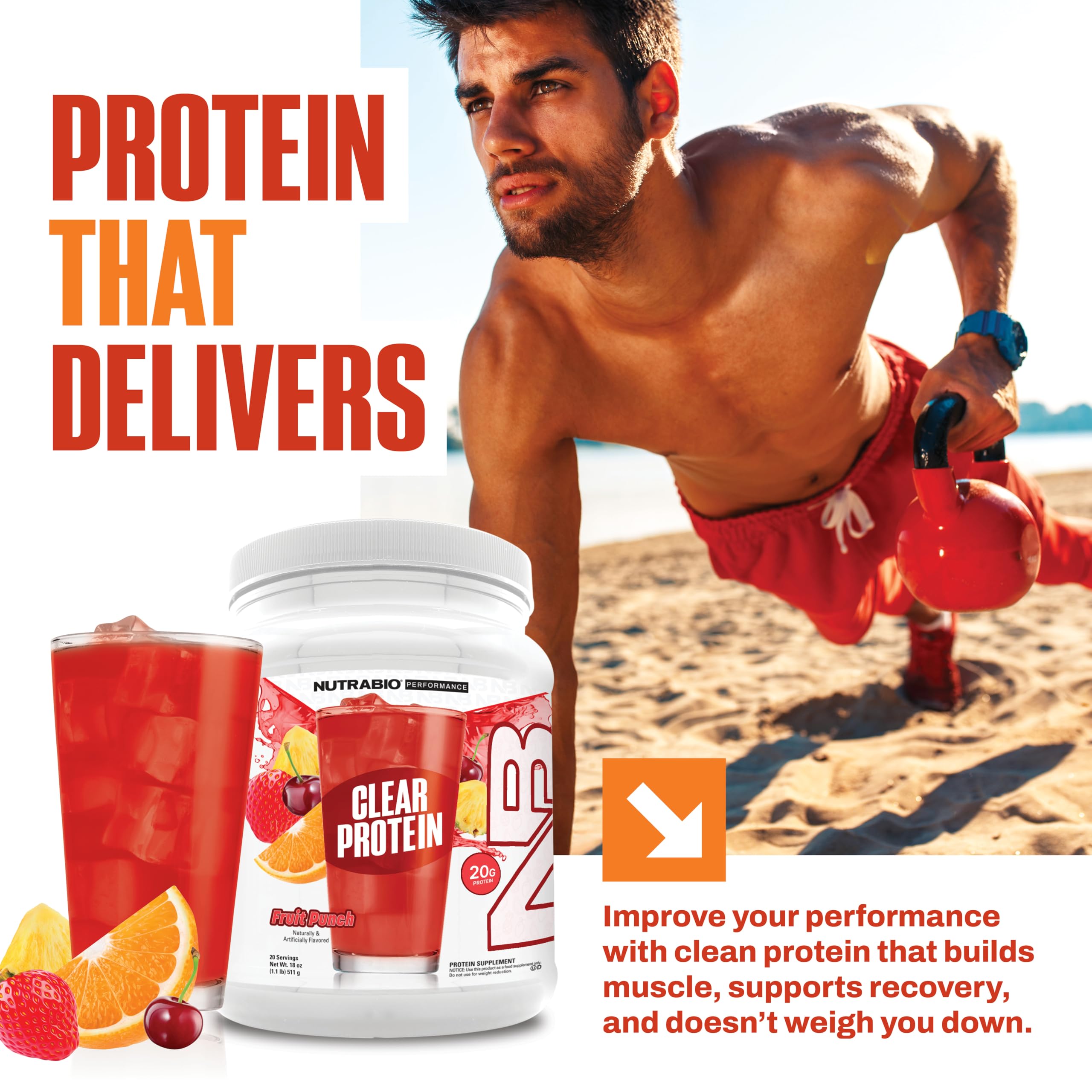 NutraBio Clear protéine whey Fruit Punch - tableau nutritionnel clair et informatif