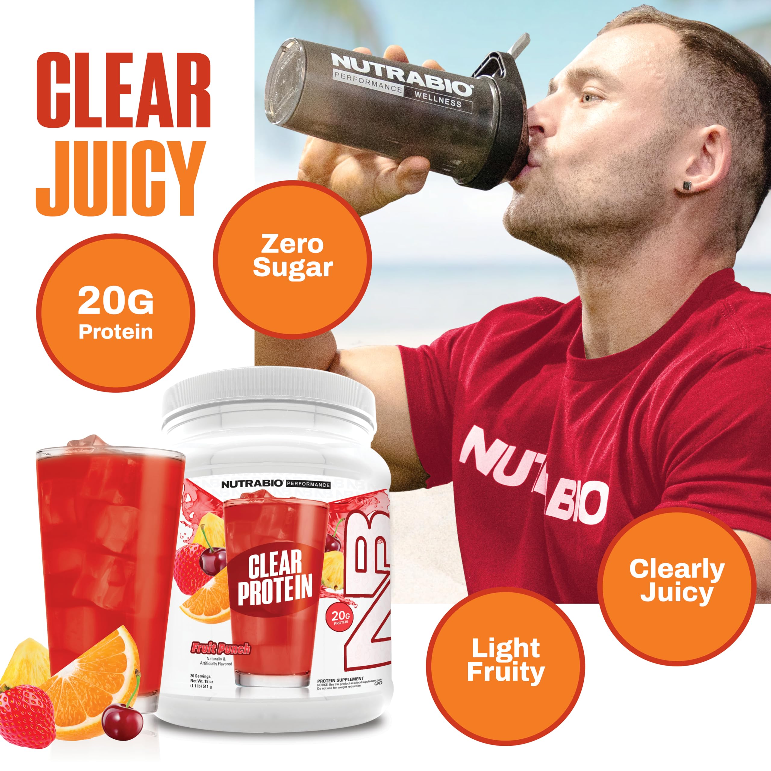 NutraBio Clear protéine whey Fruit Punch - shaker prêt à mélanger après l'entraînement
