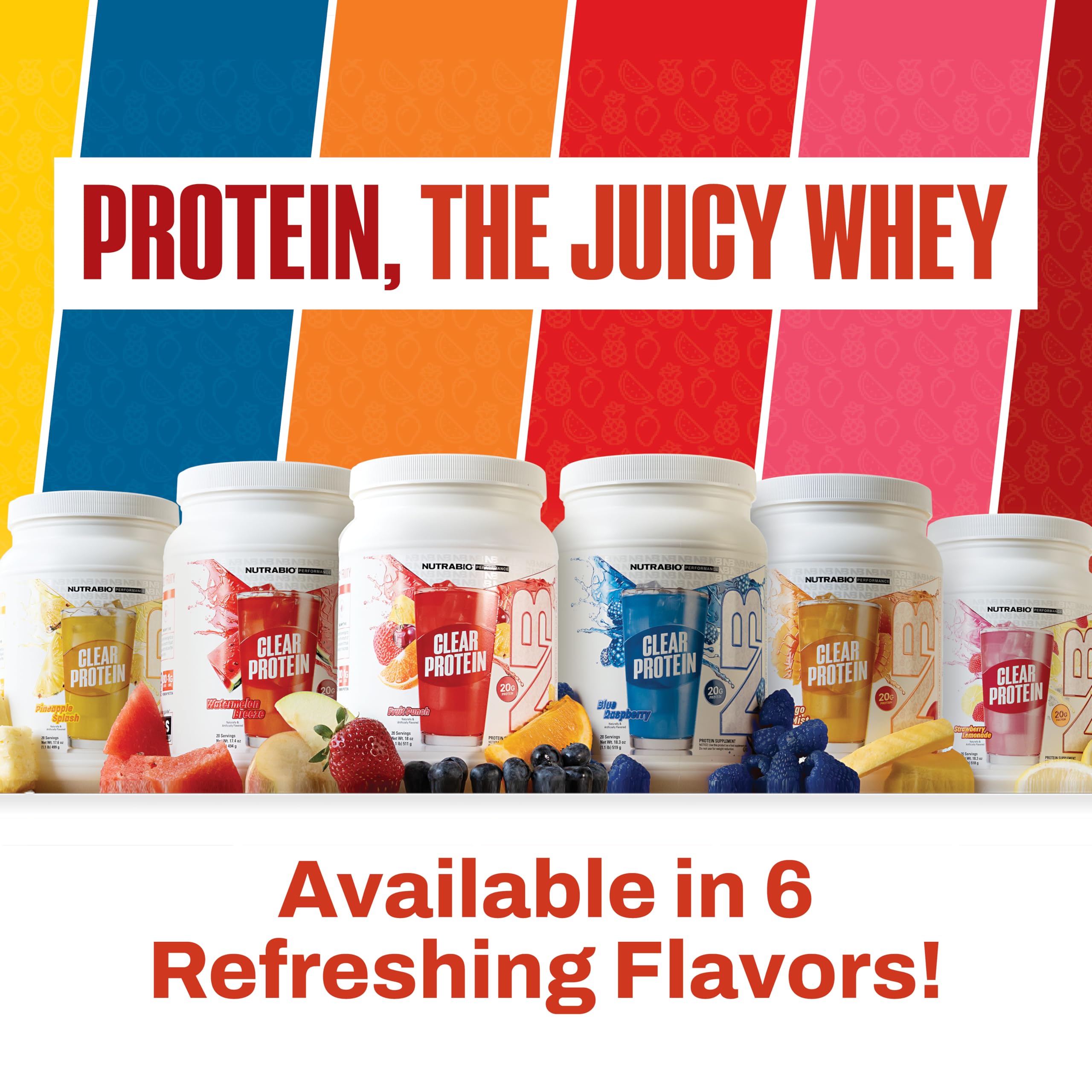 NutraBio Clear protéine whey Fruit Punch - emballage recyclable et design moderne