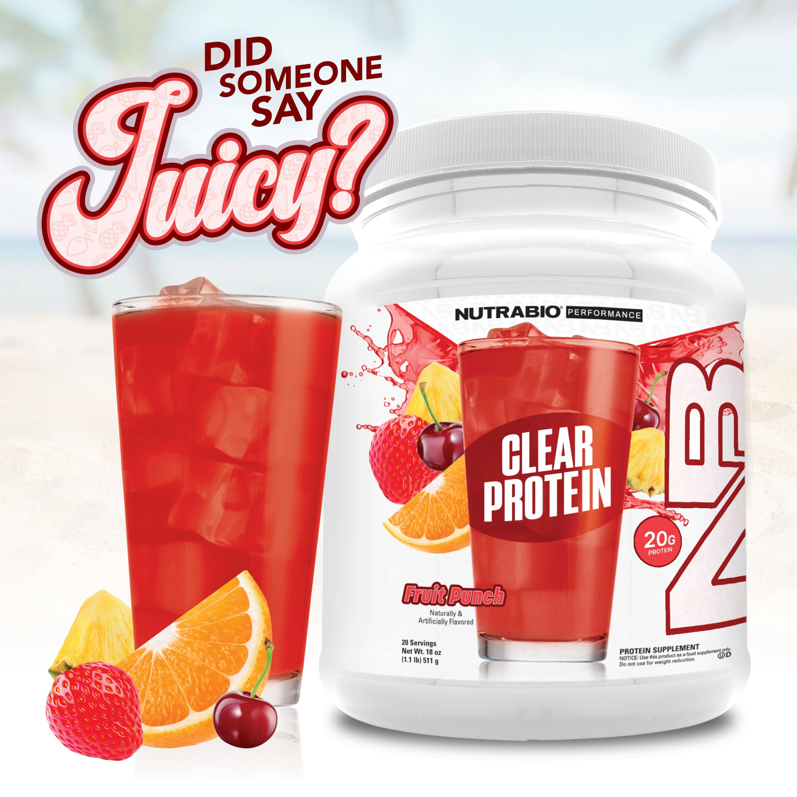 NutraBio Clear protéine whey Fruit Punch - verre d'eau avec la boisson prête