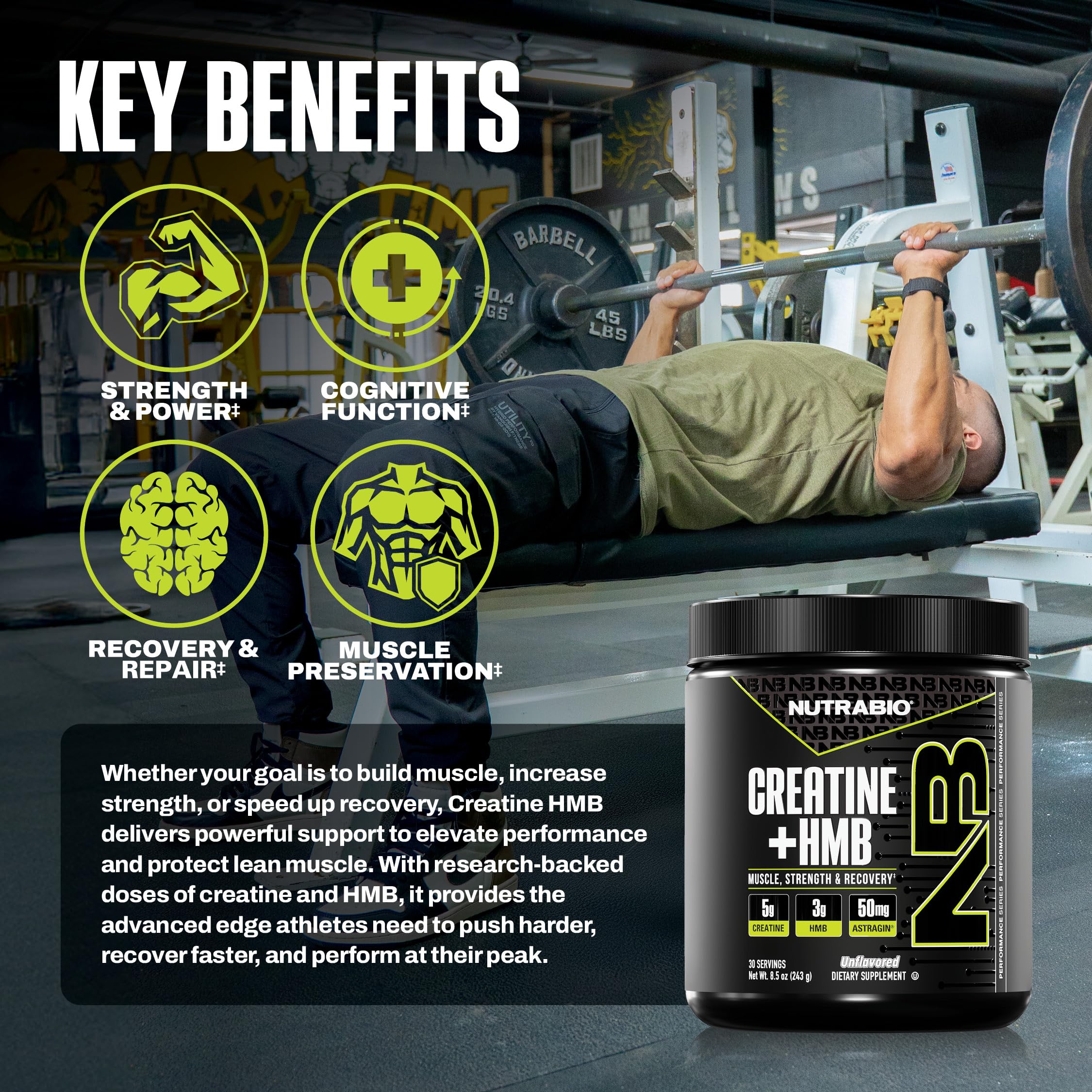 NutraBio Creatine + HMB dans un gobelet mélangeur pratique