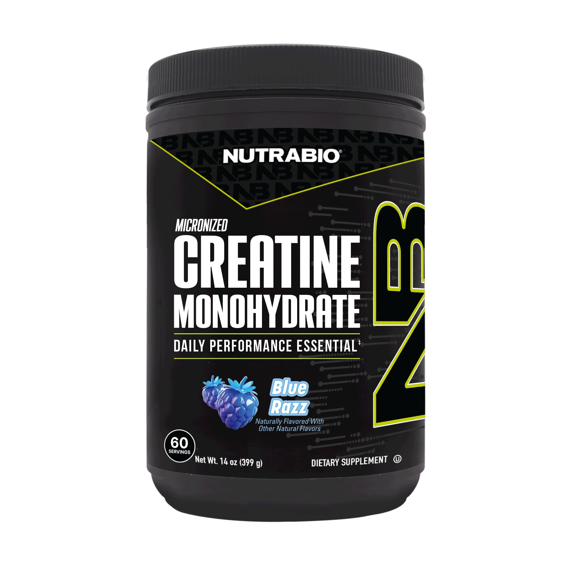 NutraBio Créatine micronisée Framboise Bleue - accès pratique en poudre dans une bouteille.