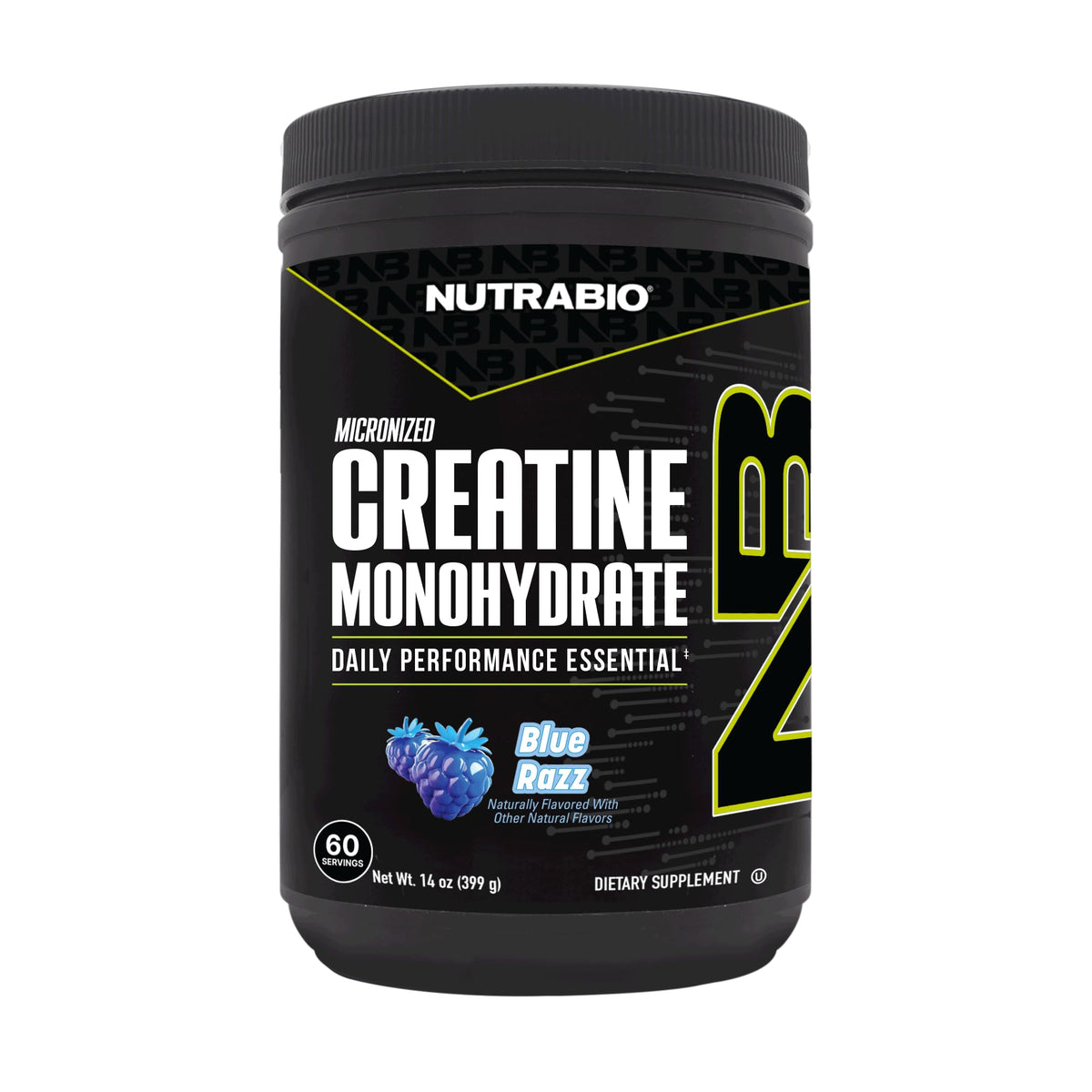 NutraBio Créatine micronisée Framboise Bleue - accès pratique en poudre dans une bouteille.