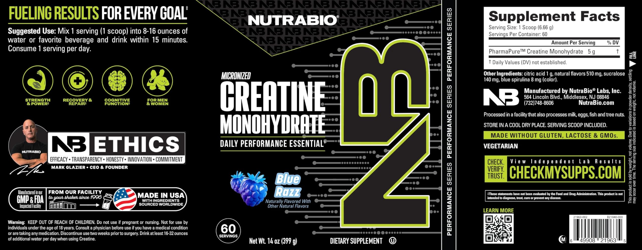 NutraBio Créatine micronisée Framboise Bleue - emballage soigné et pratique.