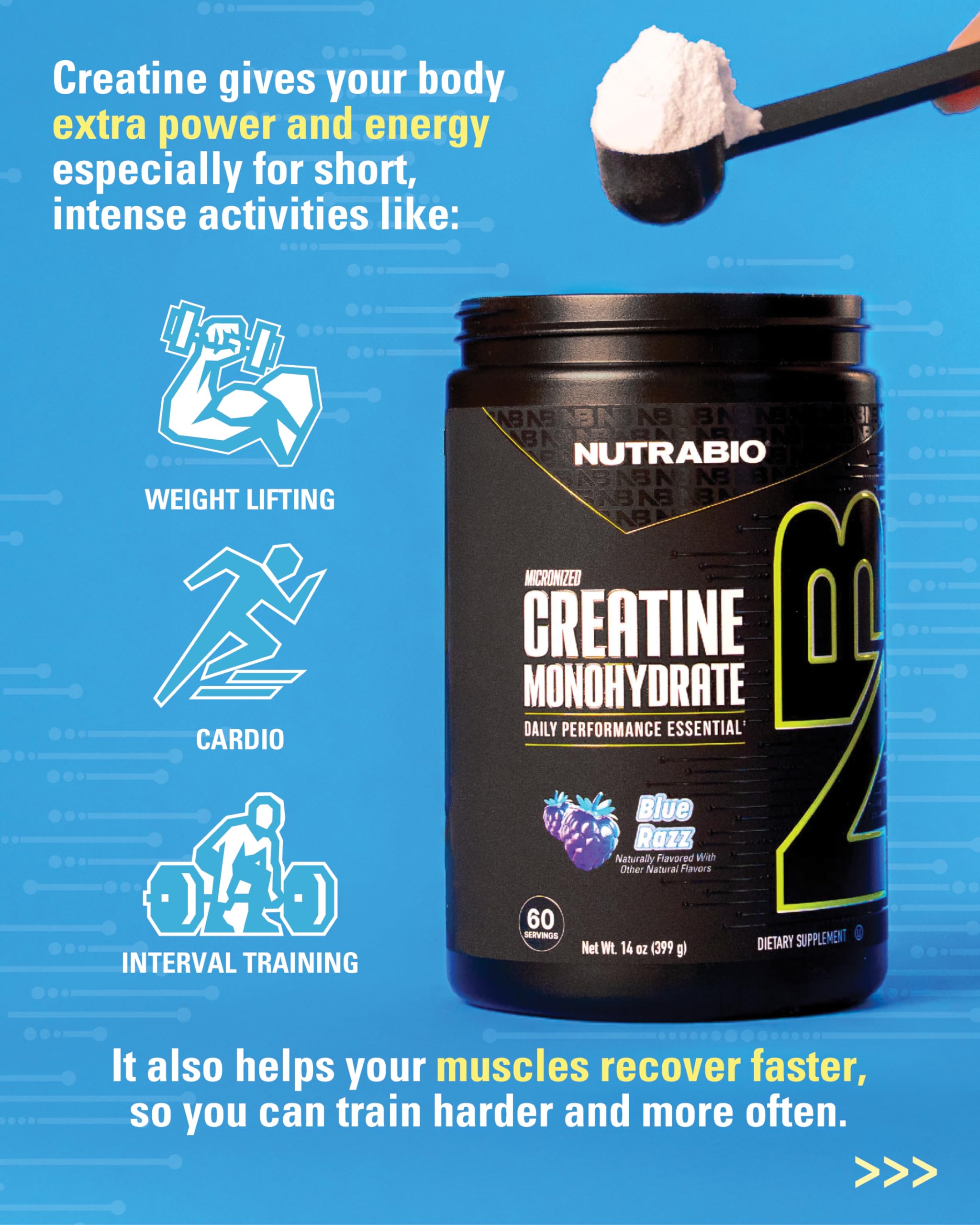 NutraBio Créatine micronisée Framboise Bleue - mélange rapide avec de l’eau.