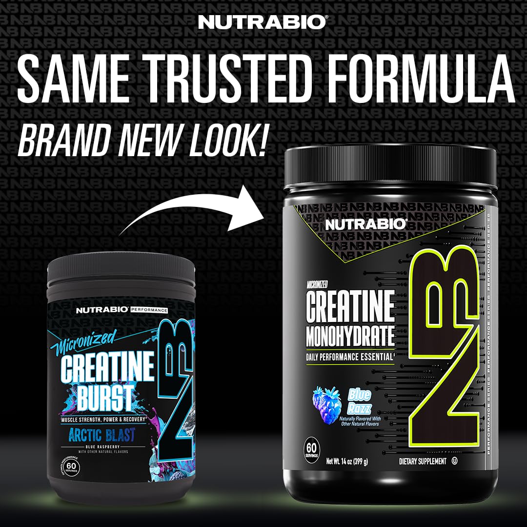 NutraBio Créatine micronisée Framboise Bleue - dose mesurée avec scoop inclus.
