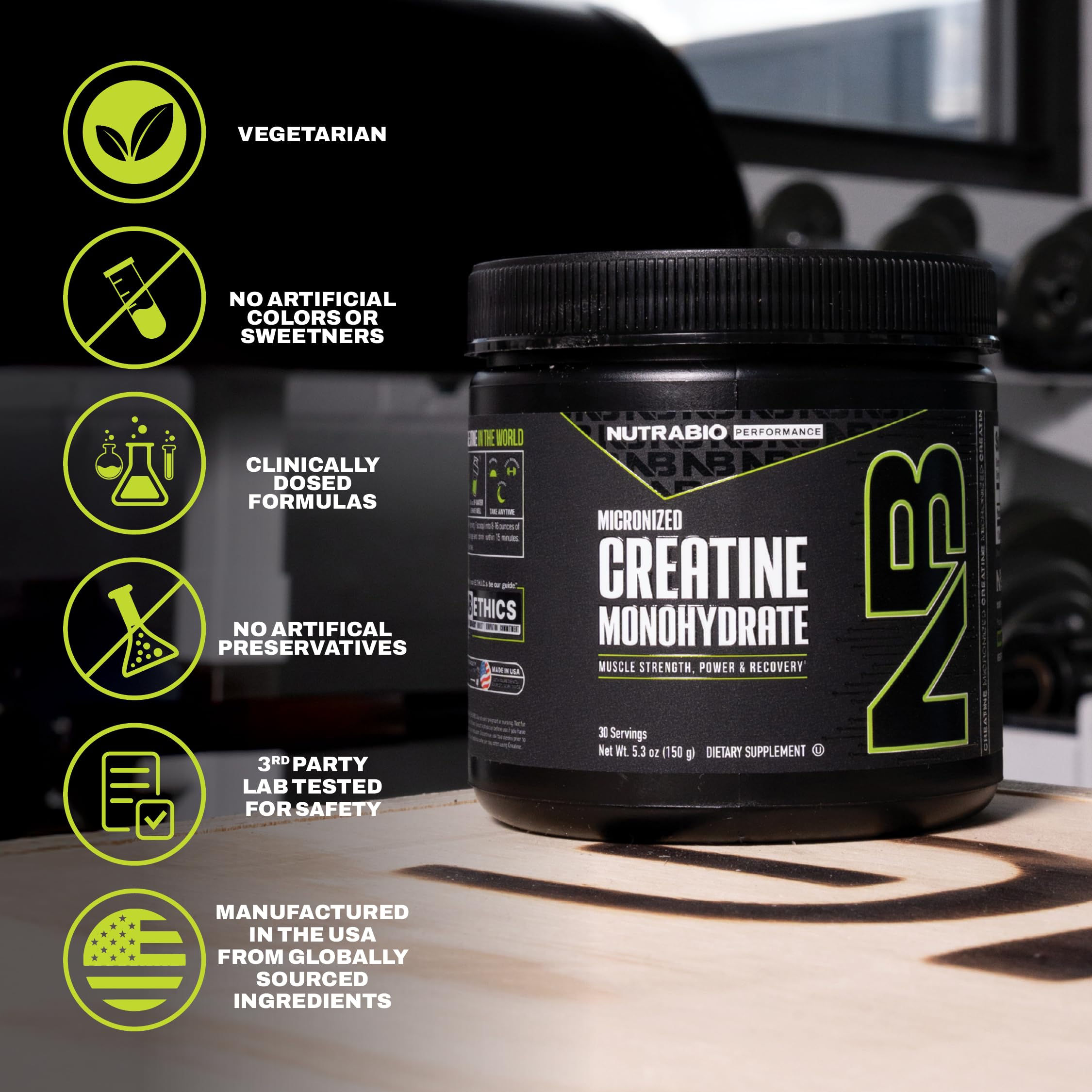 NutraBio Créatine Monohydrate, emballage pratique 150 g.