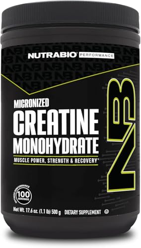 NutraBio Pure Créatine Monohydrate micronisée en poudre, dissolution rapide, énergie soutenue et récupération post-entraînement.