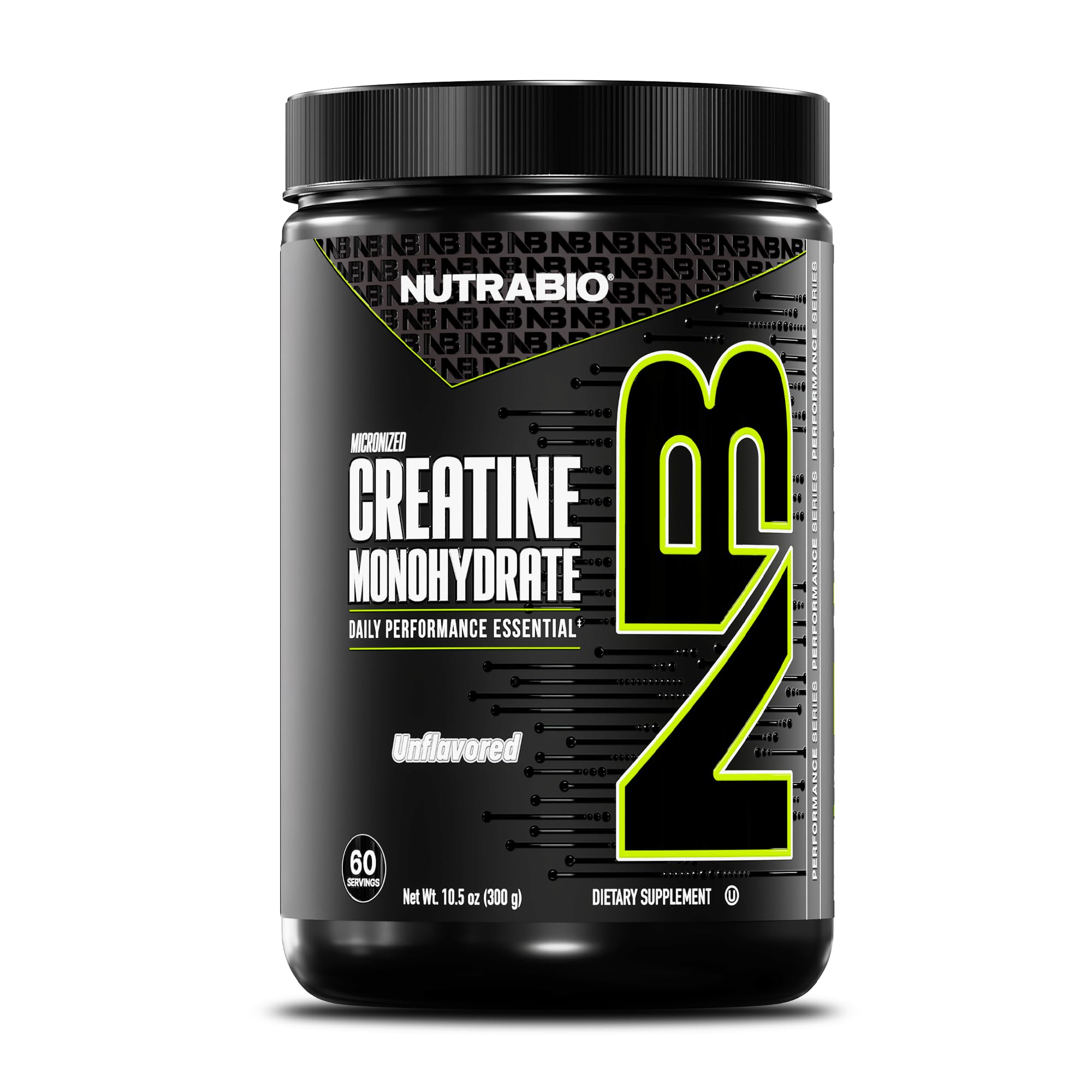 NutraBio Creatine Monohydrate emballage, énergie et performance potentielles