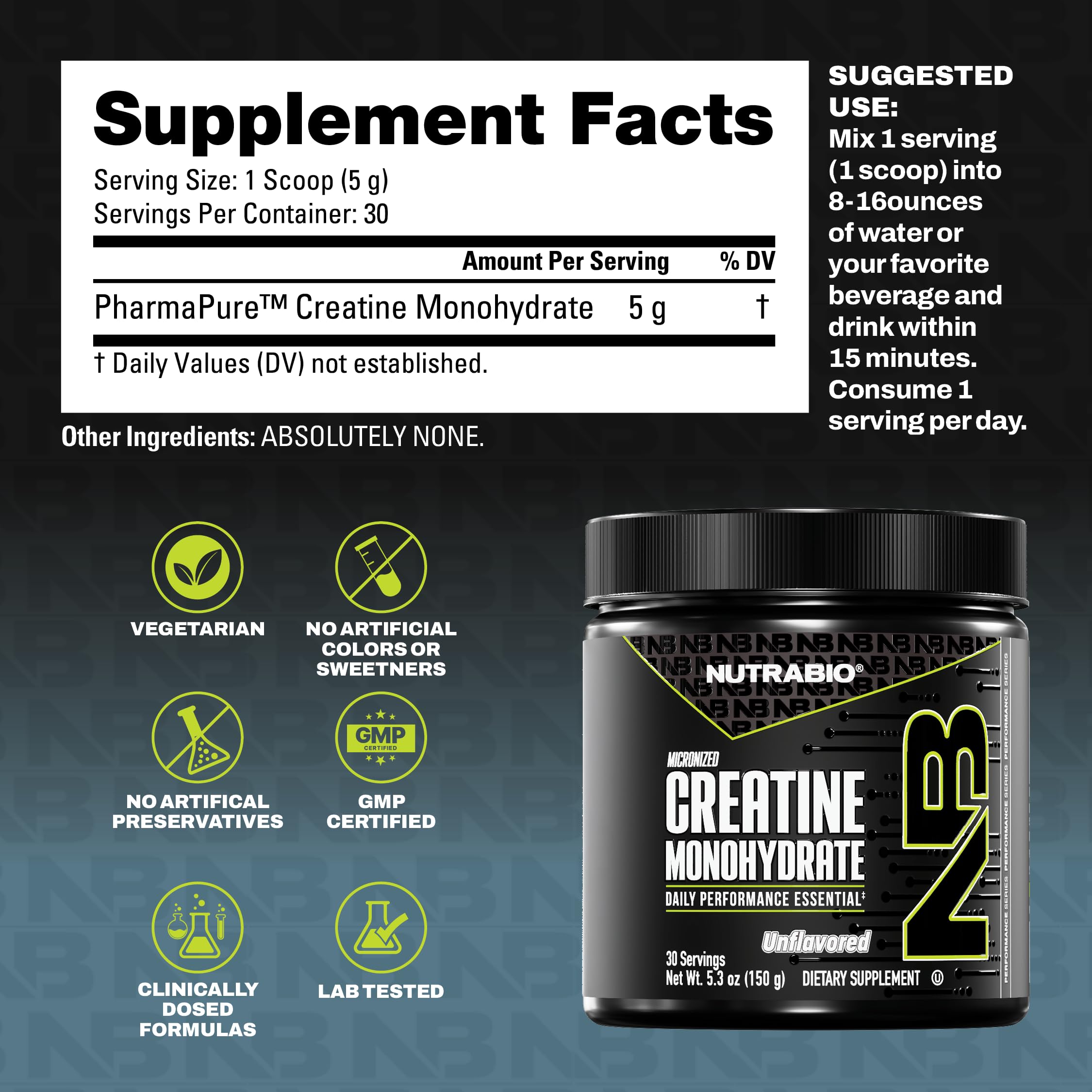 NutraBio Créatine Monohydrate non aromatisée, mélange facile sans goût.