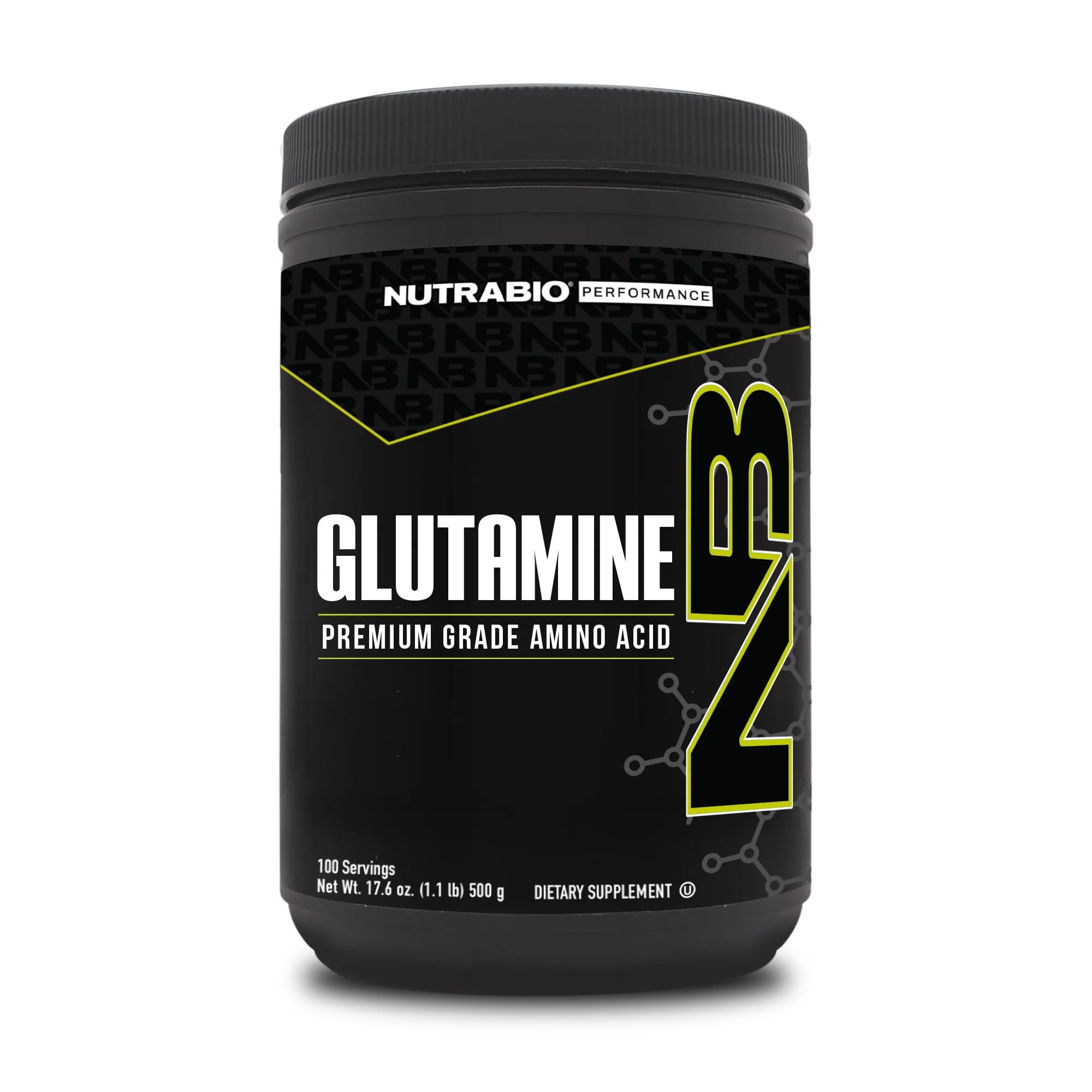 NutraBio Glutamine en poudre, emballage moderne et pureté fiable.