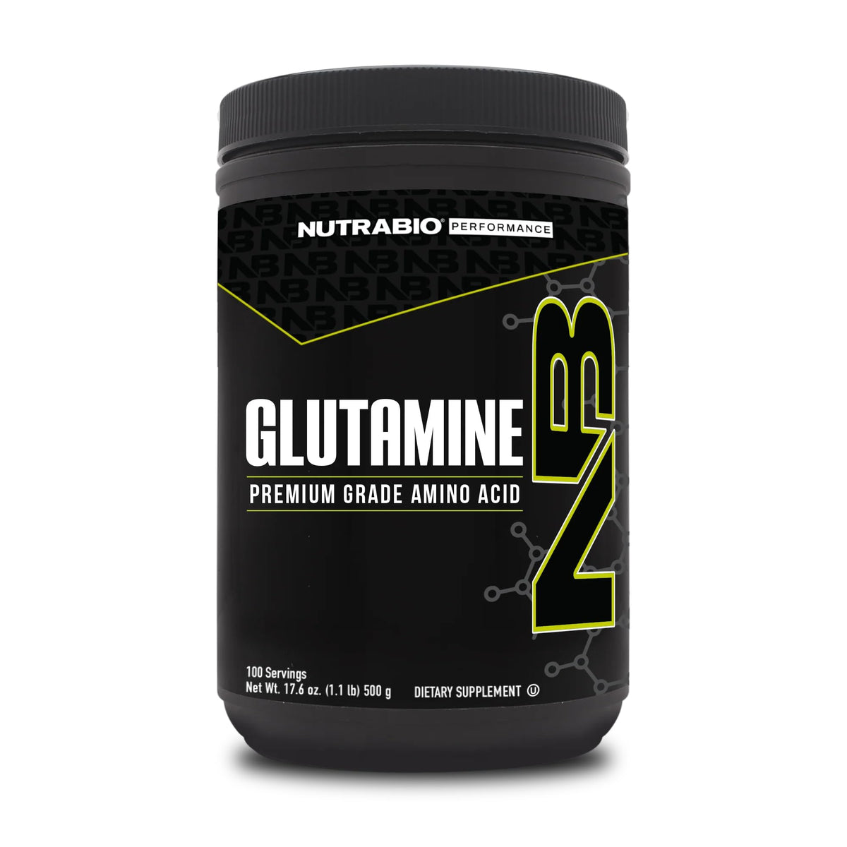 NutraBio Glutamine en poudre, emballage moderne et pureté fiable.