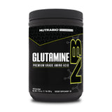 NutraBio Glutamine en poudre, emballage moderne et pureté fiable.