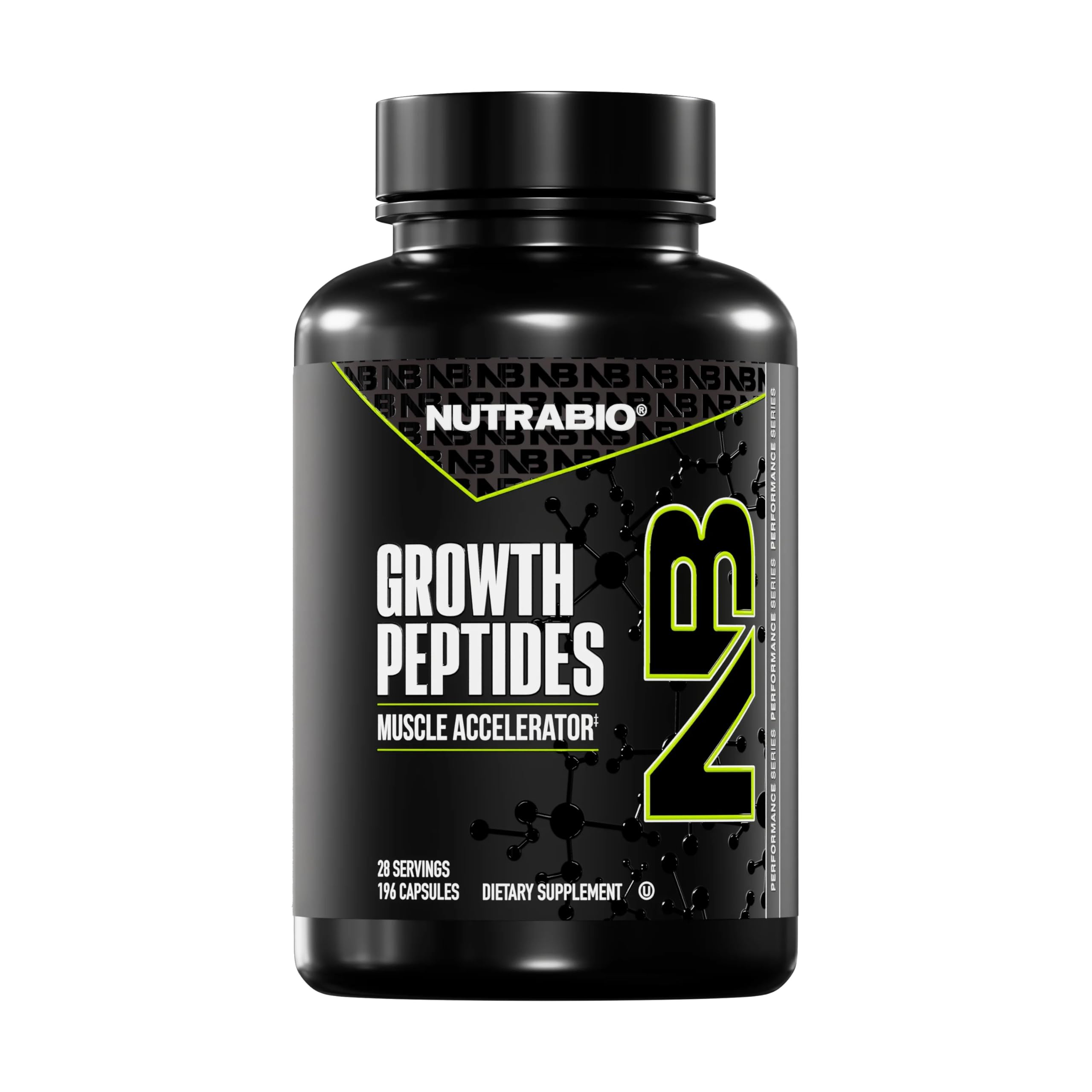 NutraBio Growth Peptides : bouteille visible, soutien potentiel à la performance et récupération.