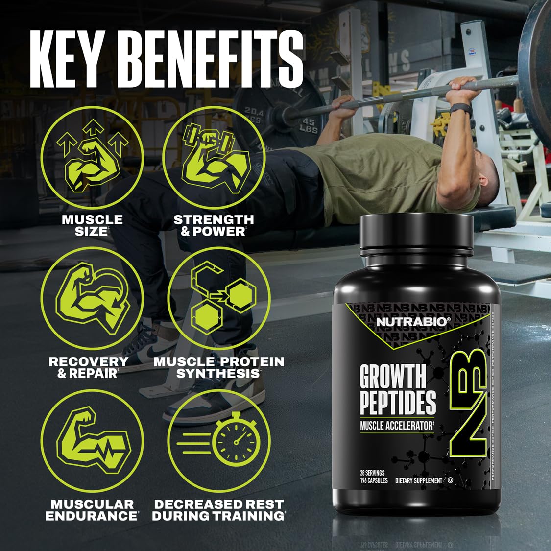 NutraBio Growth Peptides : etiquette lisible, suivi précis des portions quotidiennes.