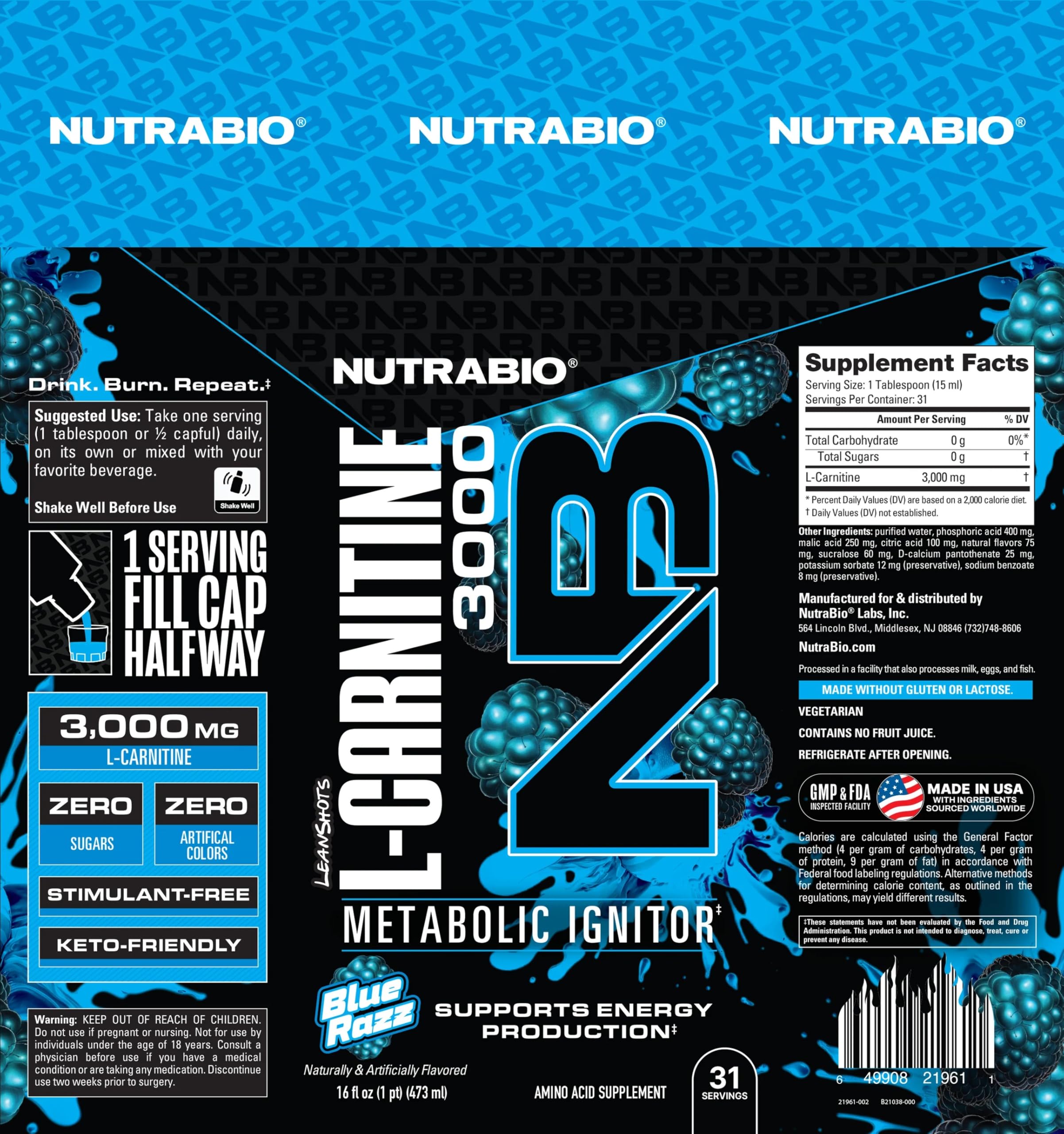 Étiquette NutraBio affichant la formulation et les bénéfices sans glucides ni sucres.