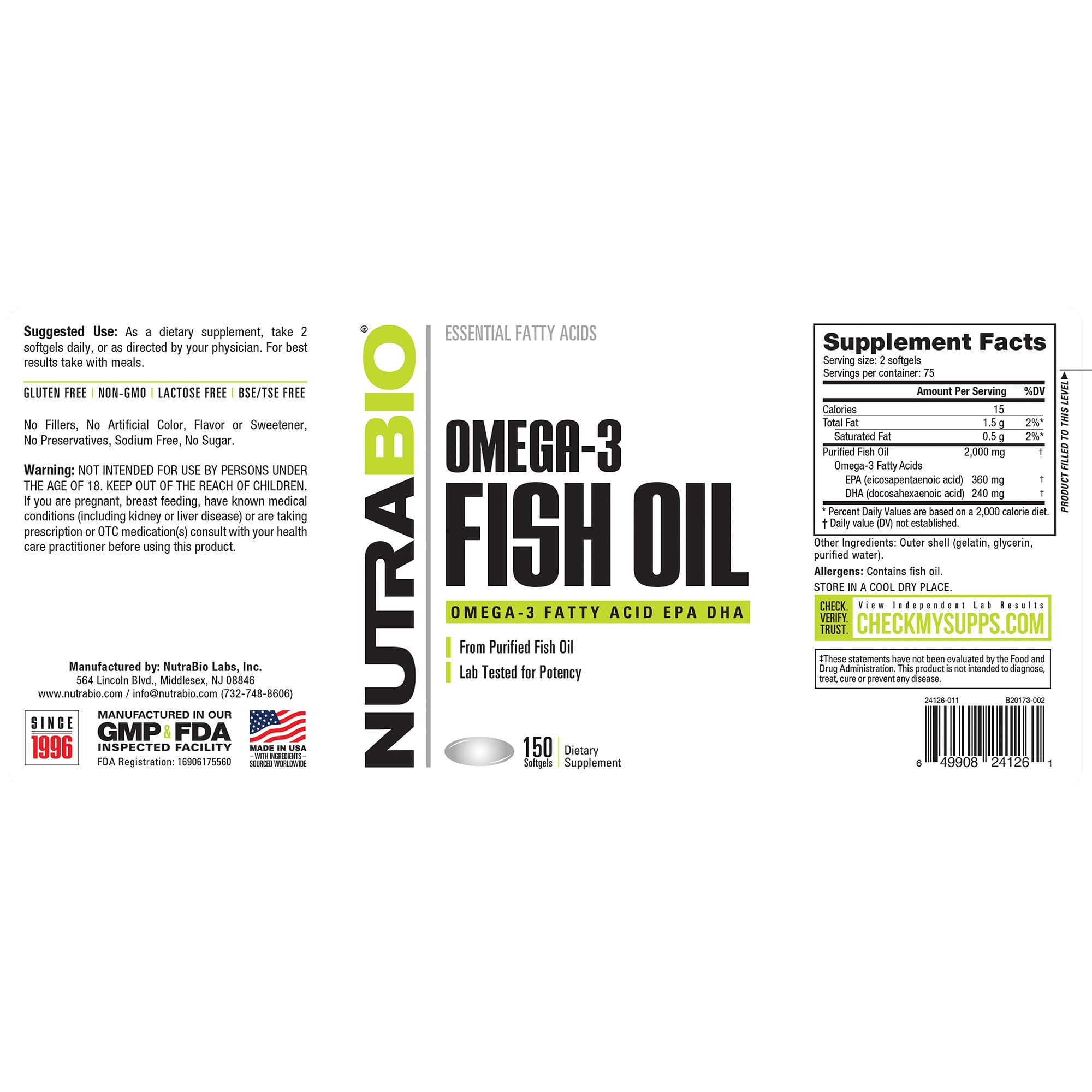 NutraBio Omega-3: EPA 360 mg et DHA 240 mg par dose.
