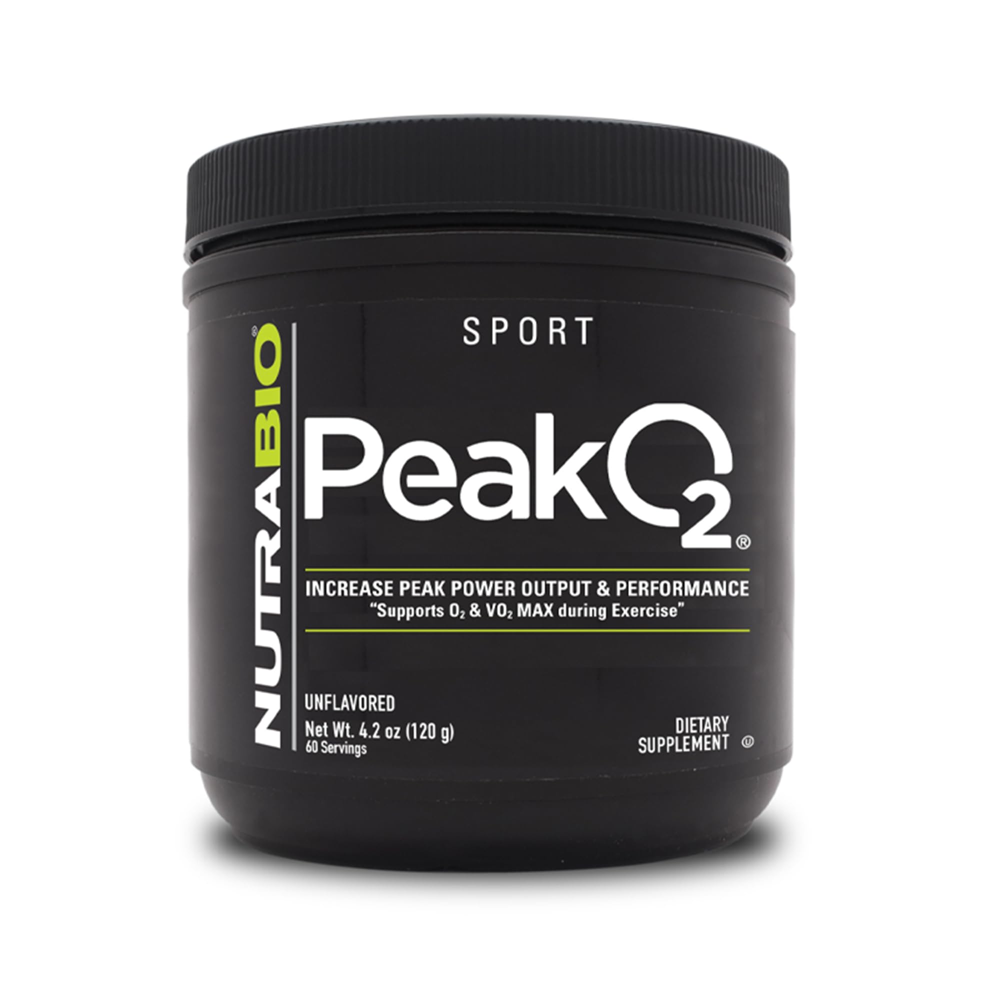 NutraBio PeakO2, bouteille de poudre neutre, soutien endurance et récupération.
