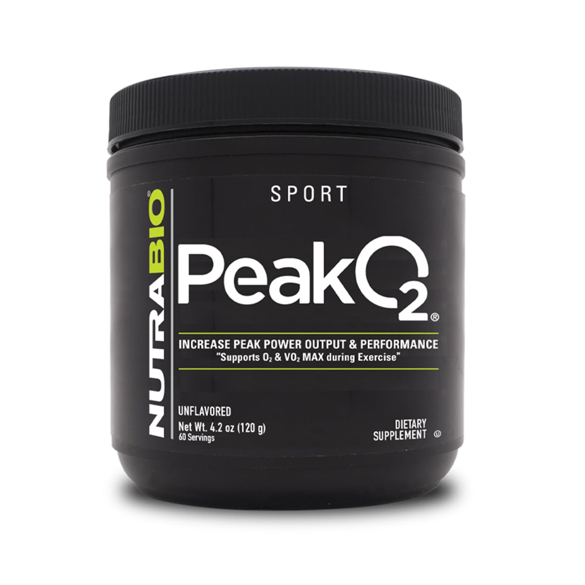 NutraBio PeakO2, bouteille de poudre neutre, soutien endurance et récupération.