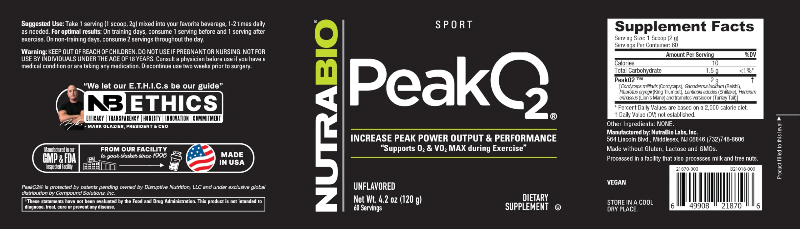 NutraBio PeakO2, cuillère-mesure incluse pour doser exactement avant l’entraînement.