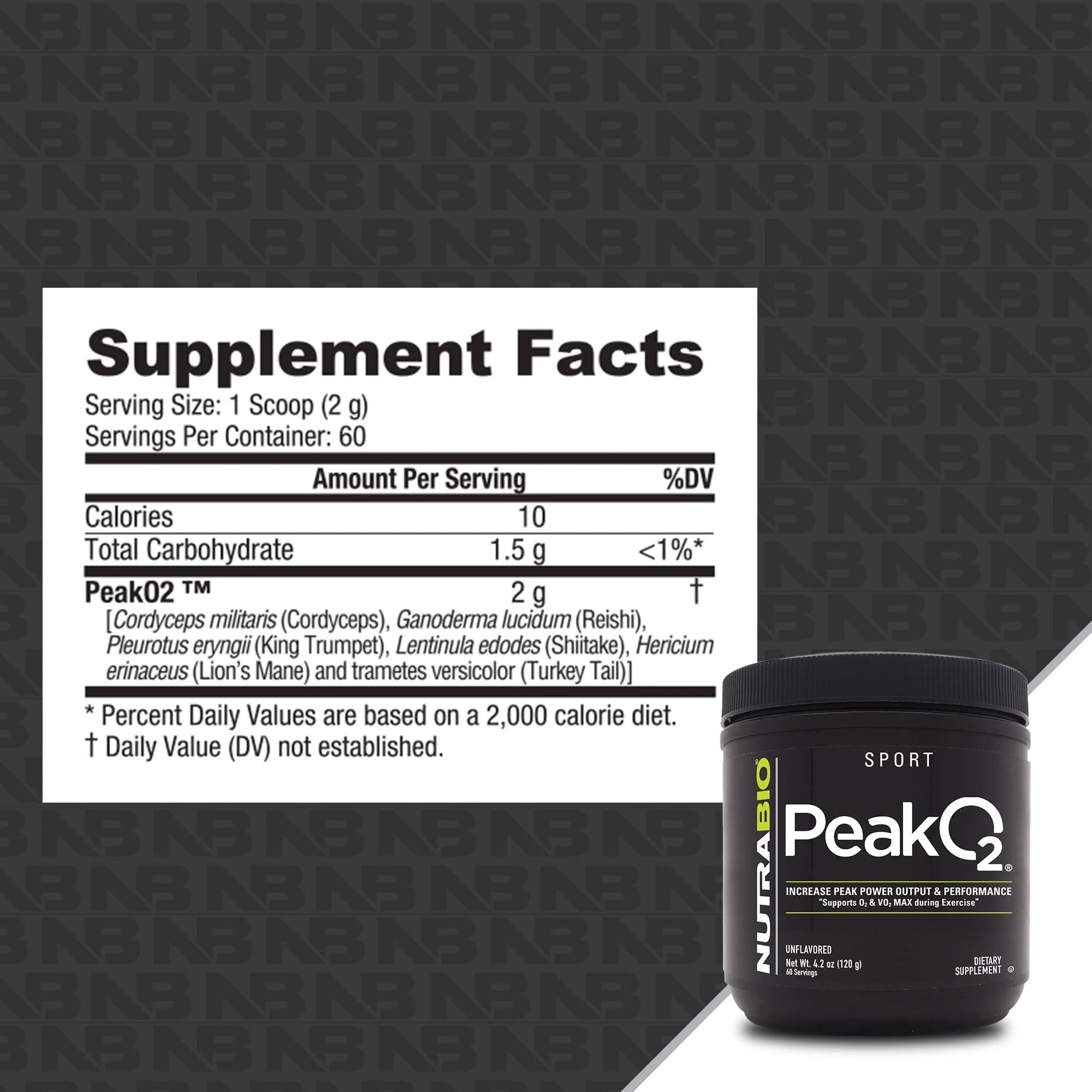 NutraBio PeakO2, étiquette claire garantissant traçabilité et pureté pour des choix éclairés.