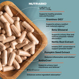 NutraBio Prostate – bouteille ouverte montrant le bouchon et les capsules visibles.
