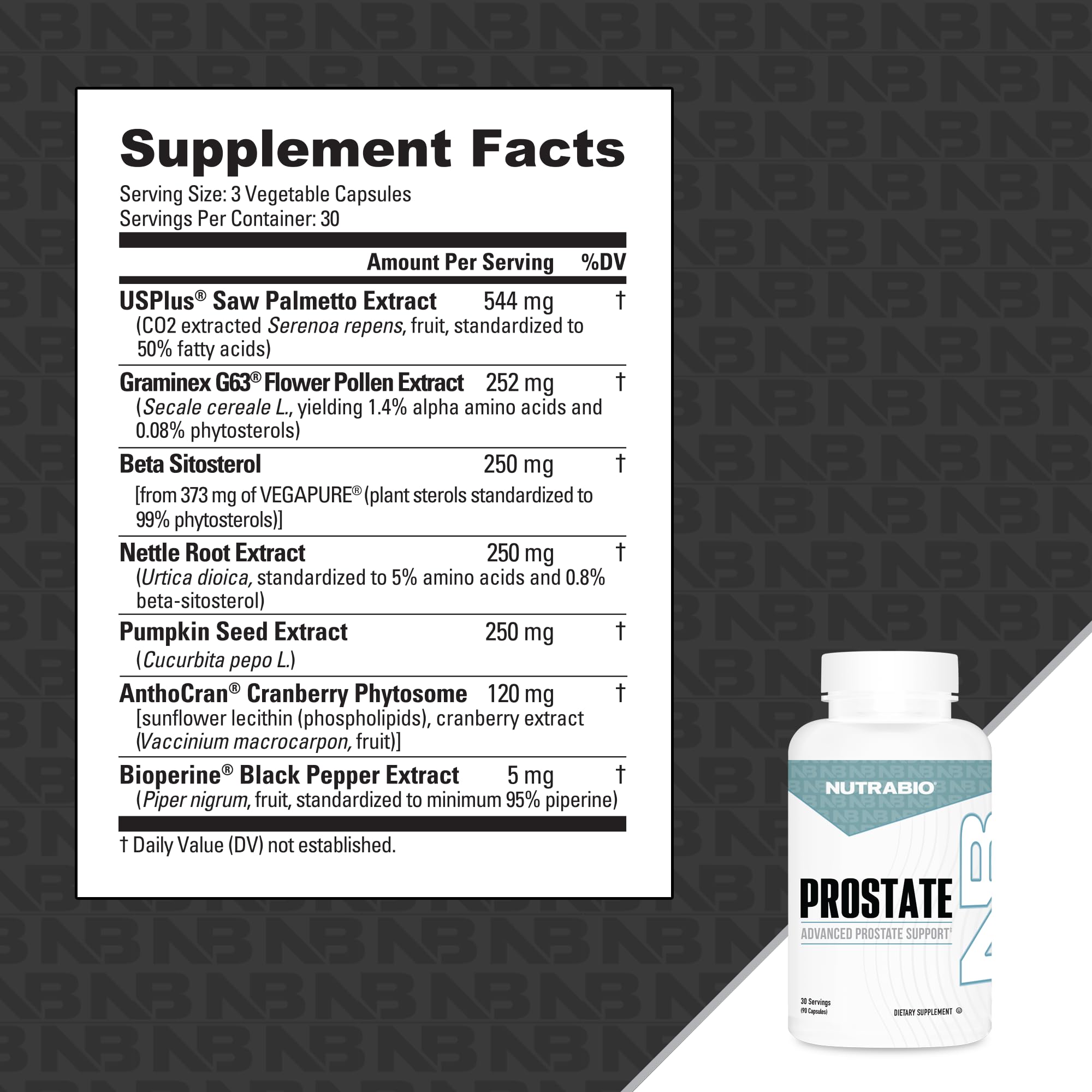 NutraBio Prostate – dose quotidienne affichée sur le flacon.