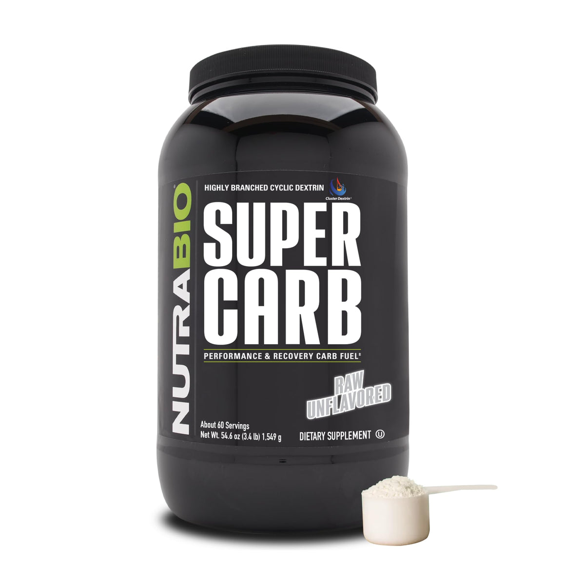 NutraBio Super Carb – bouteille avec étiquette, énergie durable après l’effort.