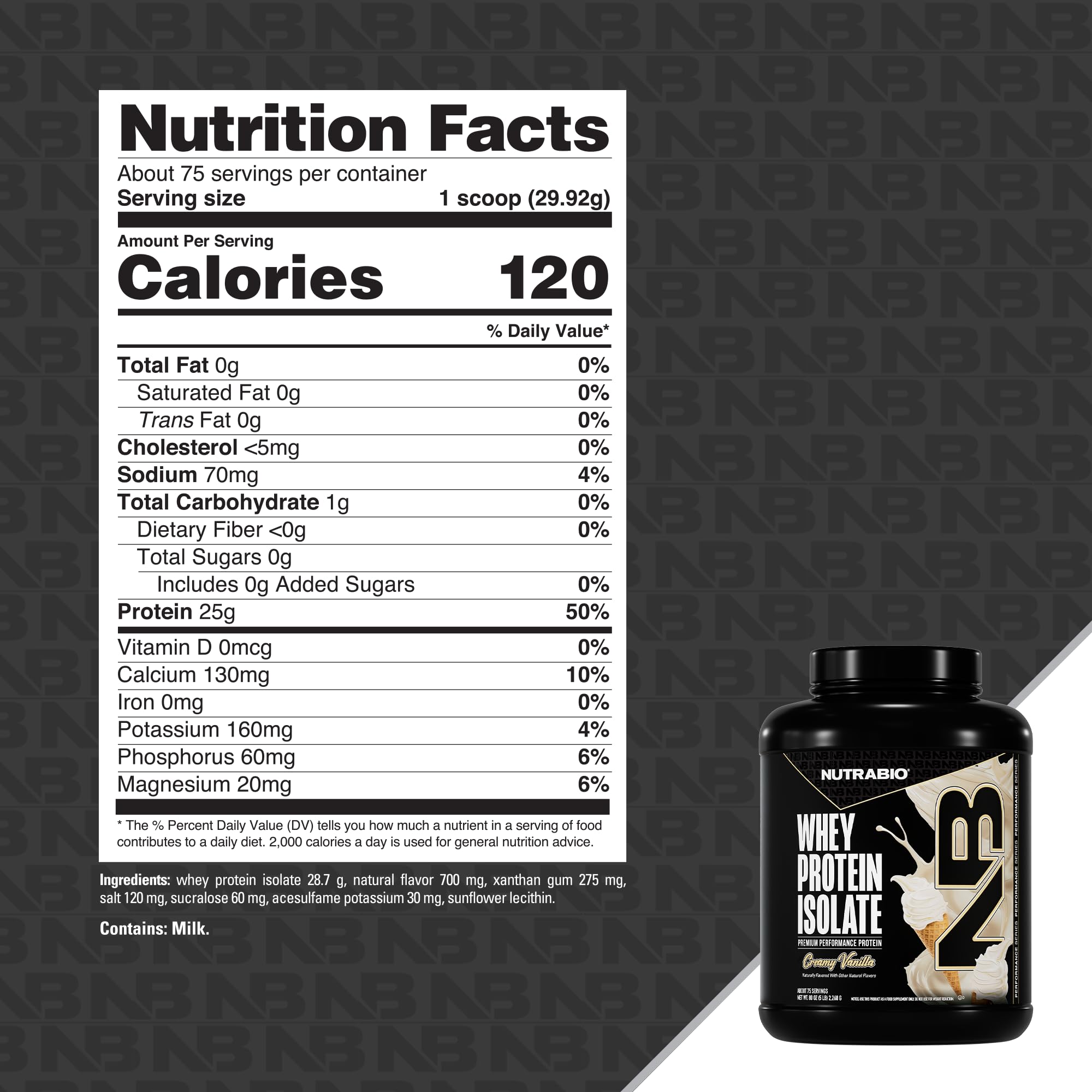 NutraBio Whey Isolate étiquette nutrition claire pour suivre les protéines.
