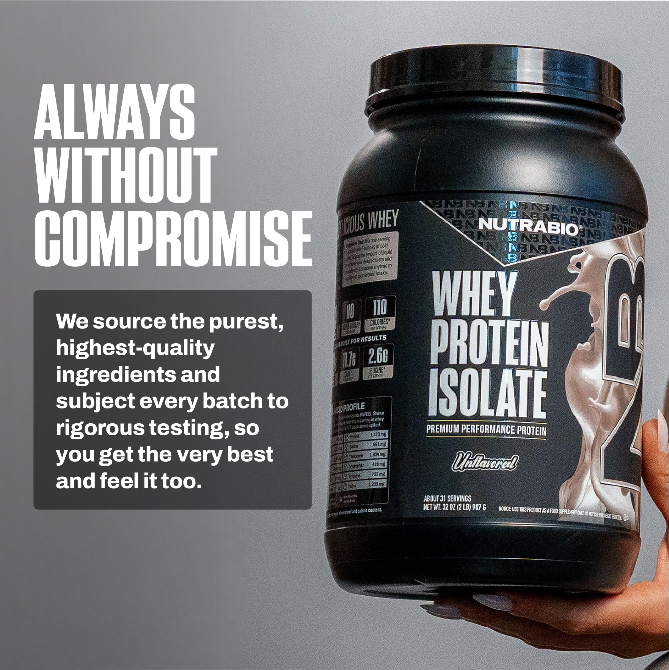 NutraBio Whey Isolate, montre-entraînement, complément discret pendant le sport.
