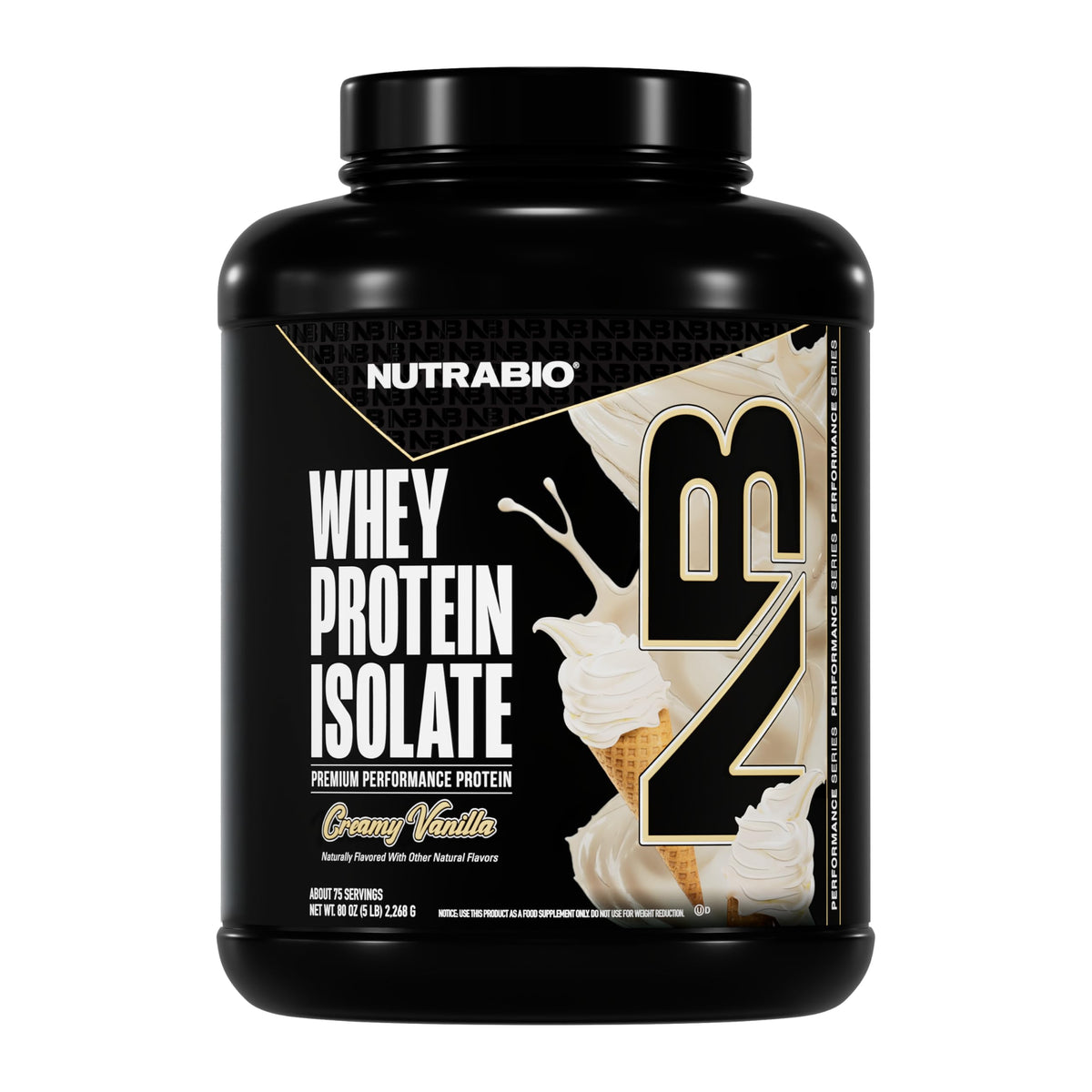 NutraBio Whey Isolate poudre vanille crème, prête à la récupération musculaire après l’entraînement.