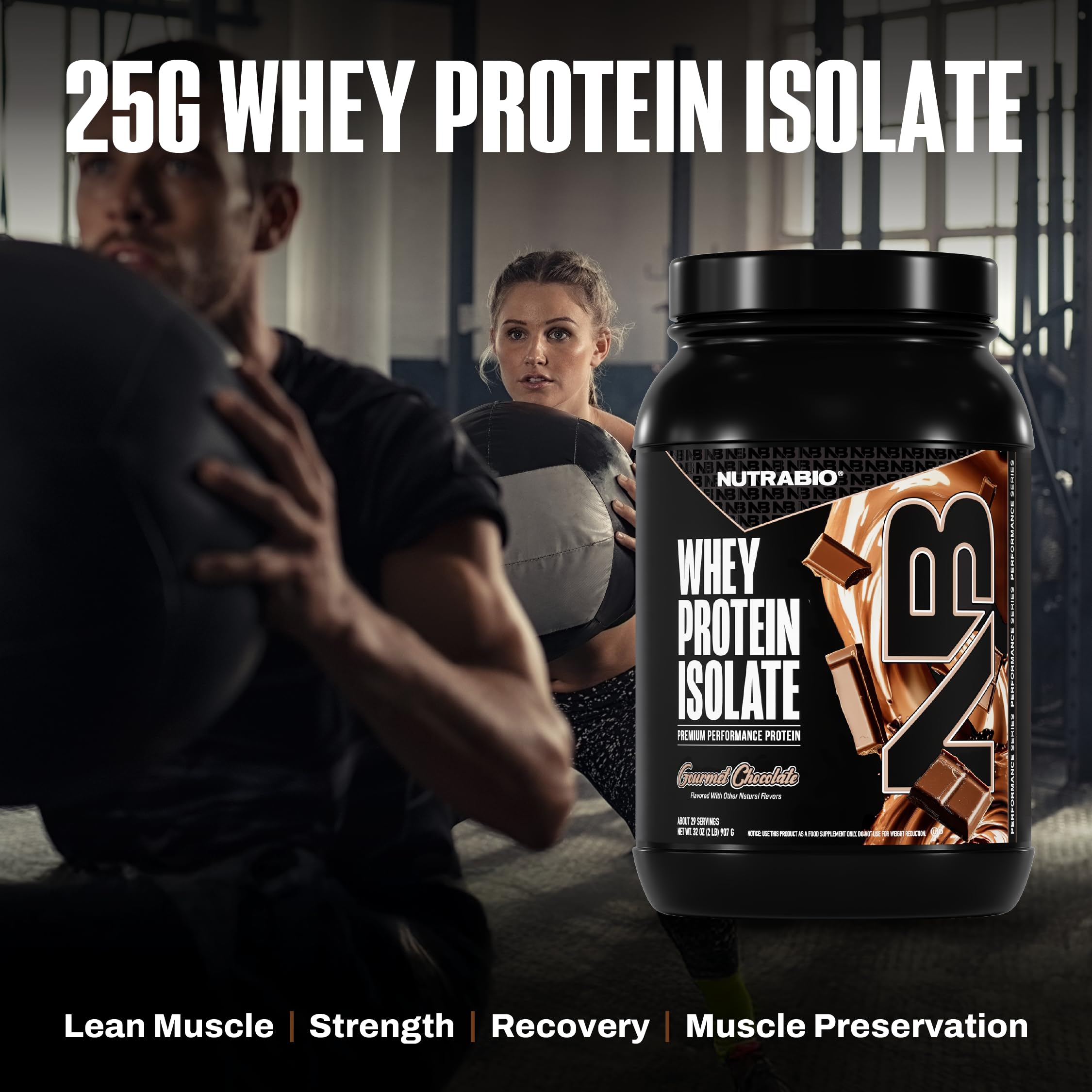 NutraBio Whey Isolate: bouteille avec étiquette chocolat gourmet, usage quotidien pratique