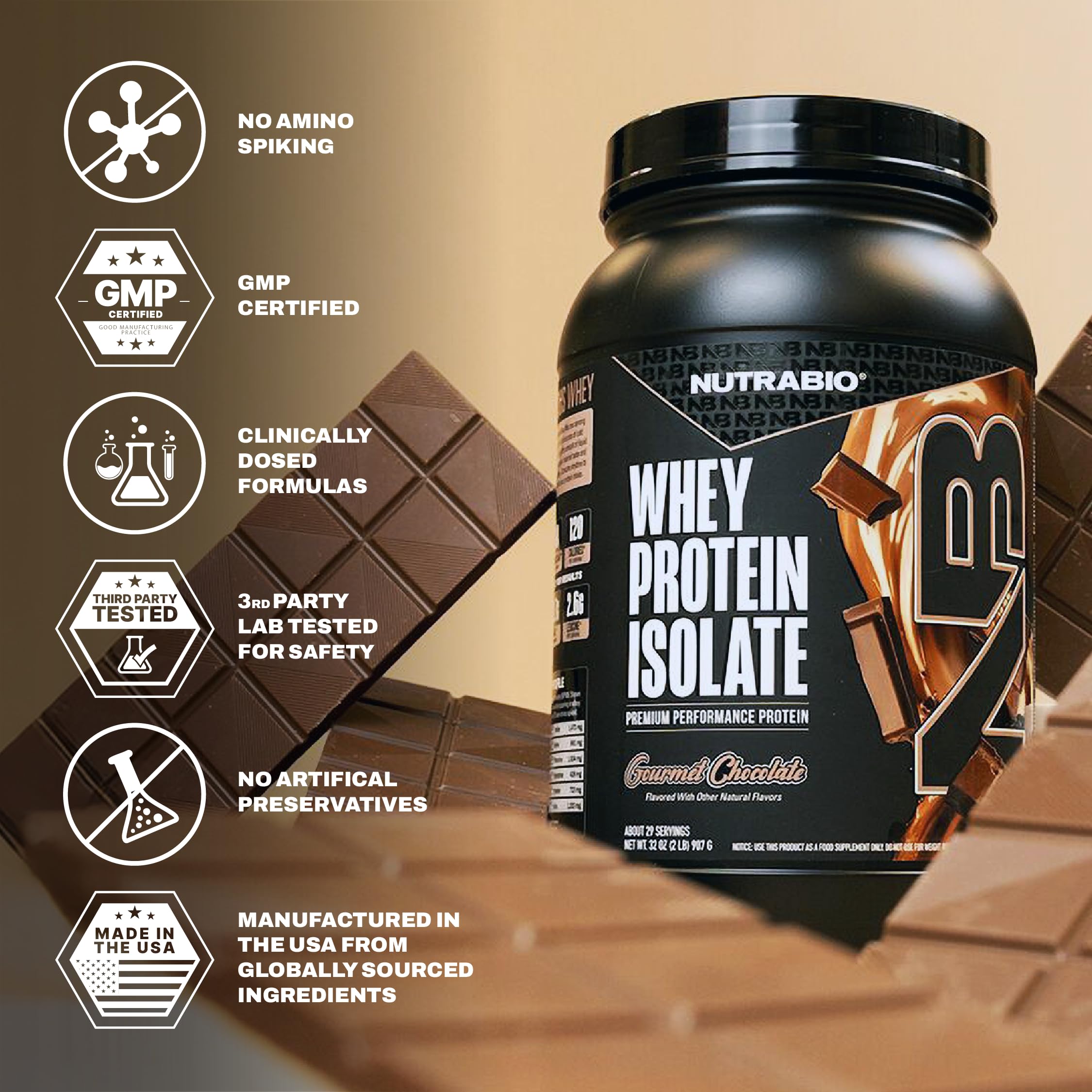 NutraBio Whey Isolate: doseur-poudre, mesure précise pour des portions adaptées