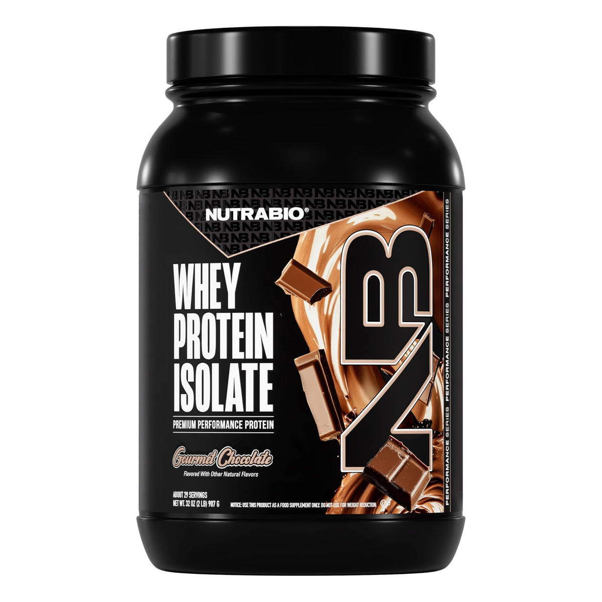 NutraBio Whey Isolate: photo-produit chocolat gourmet, source de protéines pour récupération après l'entraînement