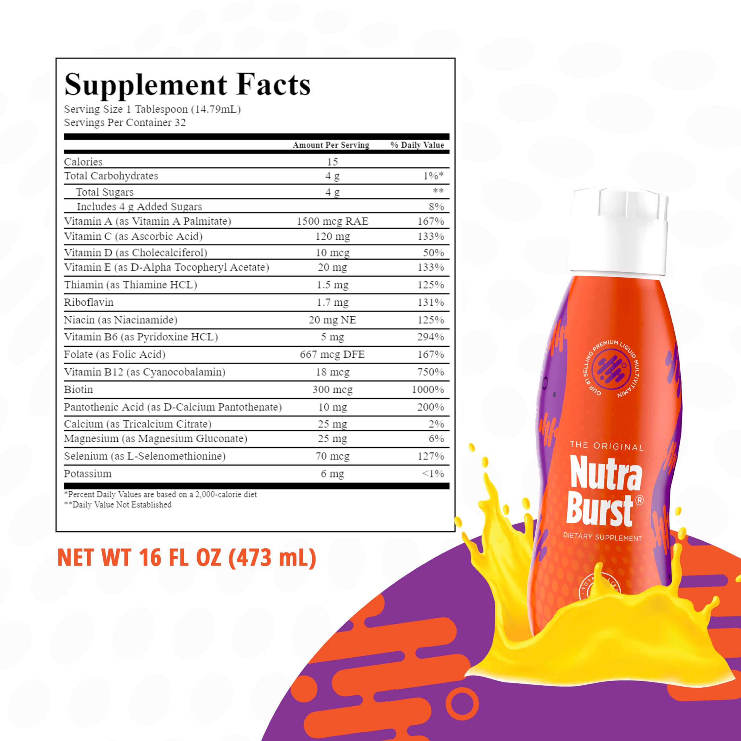 NutraBurst etiquette emballage affichant les nutriments principaux.