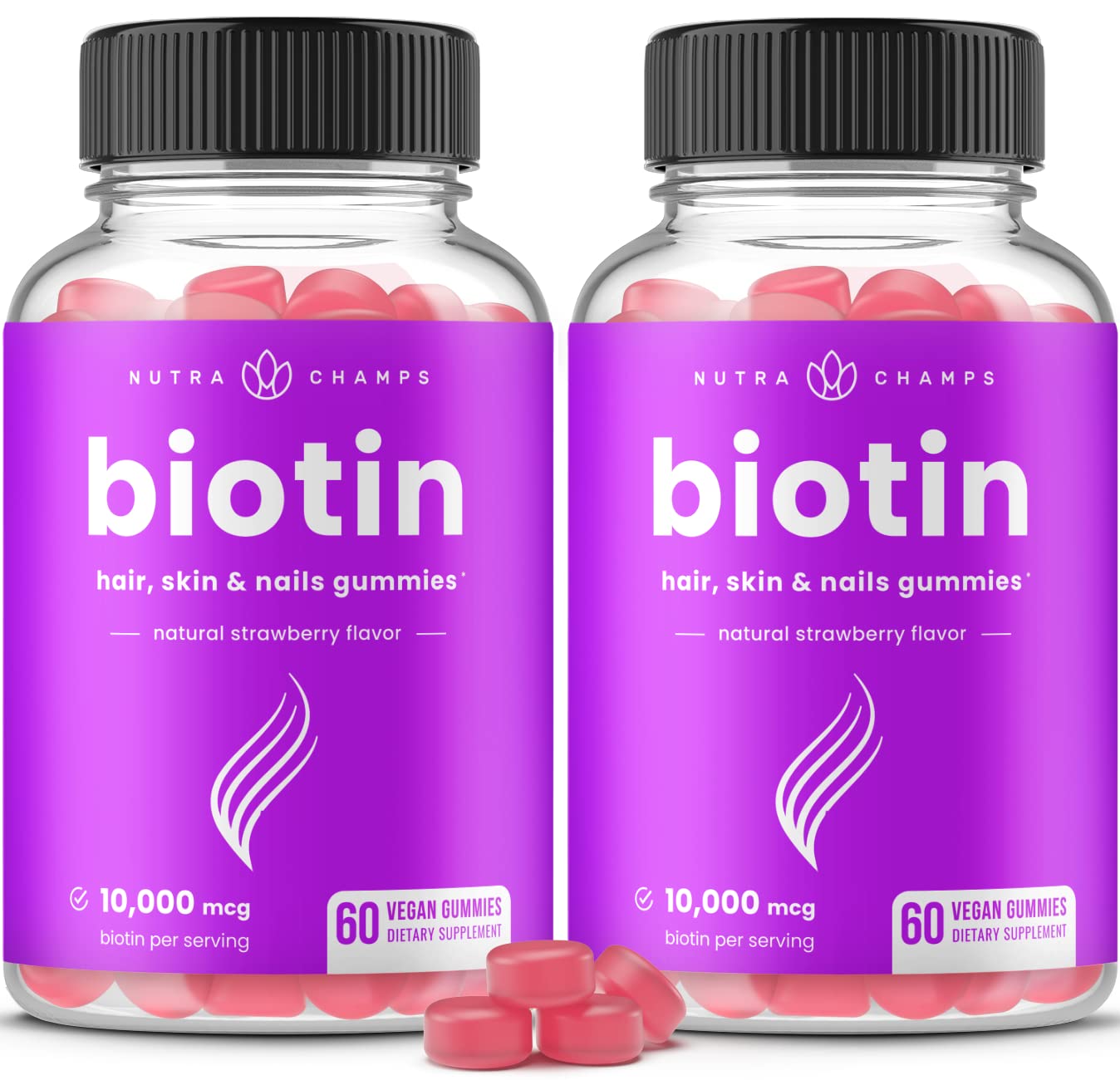 Gomme NutraChamps Biotine, bouteille ouverte, pratique à emporter pour cheveux sains.