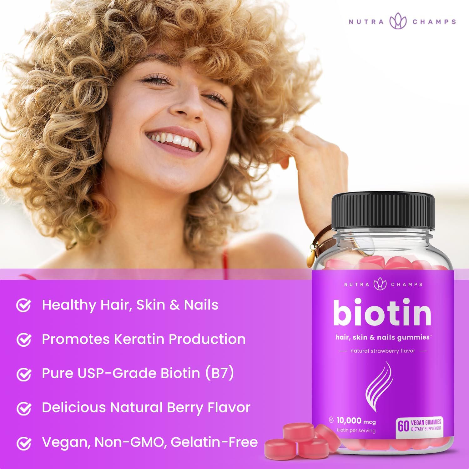 Gommes NutraChamps Biotine, dose 10000mcg, snack quotidien pour ongles plus forts.