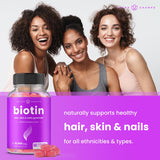 Gommes NutraChamps Biotine saveur fruitée, utilisation quotidienne pour cheveux et peau.